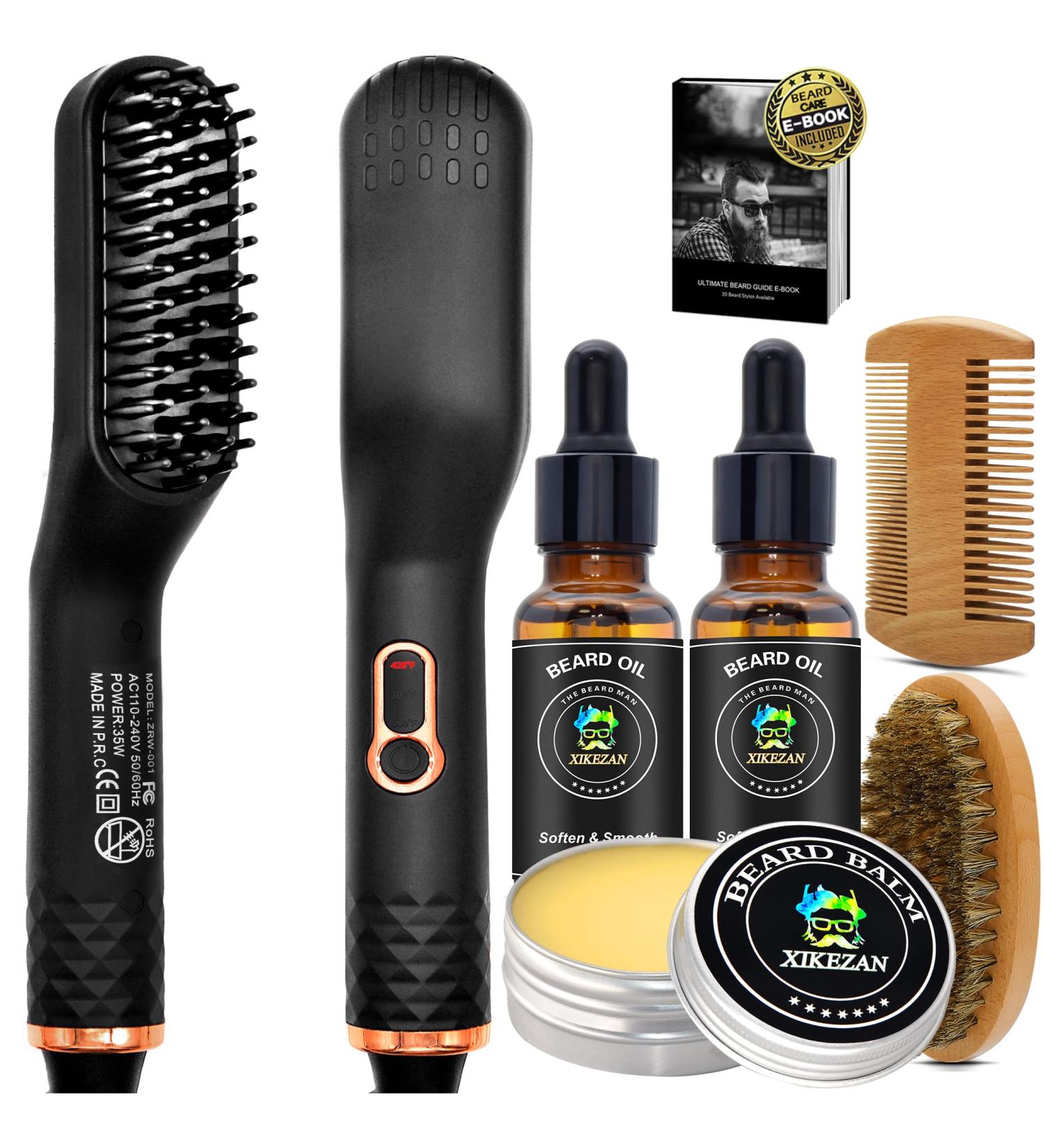3-in-1 Beard Straightener Kit with Balm, Oil, Comb, E-Book - Patented Design for Men & Women | Unique Stocking Stuffer Gift - Buy Online on GoSupps.com