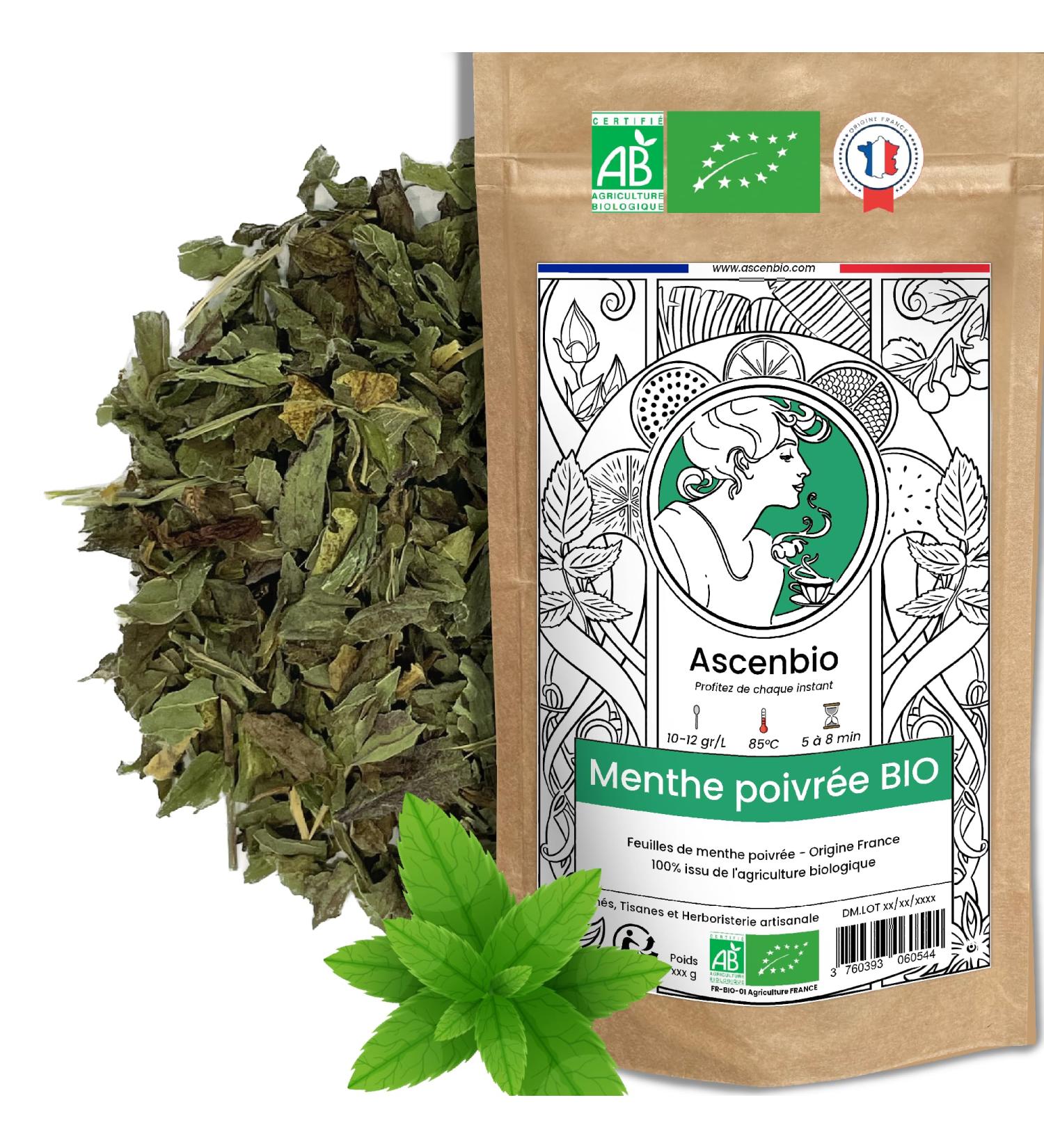  Ascenbio Ascenbio Organic Peppermint Leaves Dried Mint for Green Tea Iced Tea Digestion Herbal Tea 180g Bulk Prepared and packaged in France Biodegradable Packaging - Buy Online on GoSupps.com