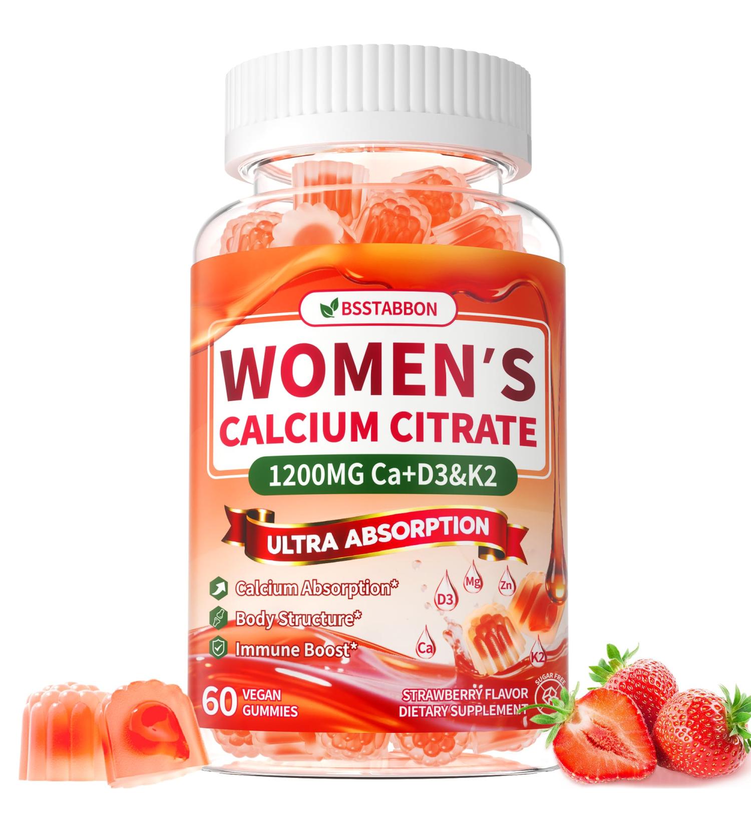 Calcium Supplements for Women Gummies: Organic Chewable Sugar Free Vegan Calcium 1200 mg with Vitamin D3 K2 B6 B12 Mineral Magnesium Zinc Citrate - for Womens Immune Overall Health(60Count) Strawberry 60 Count (Pack of 1) - Buy Online on GoSupps.com
