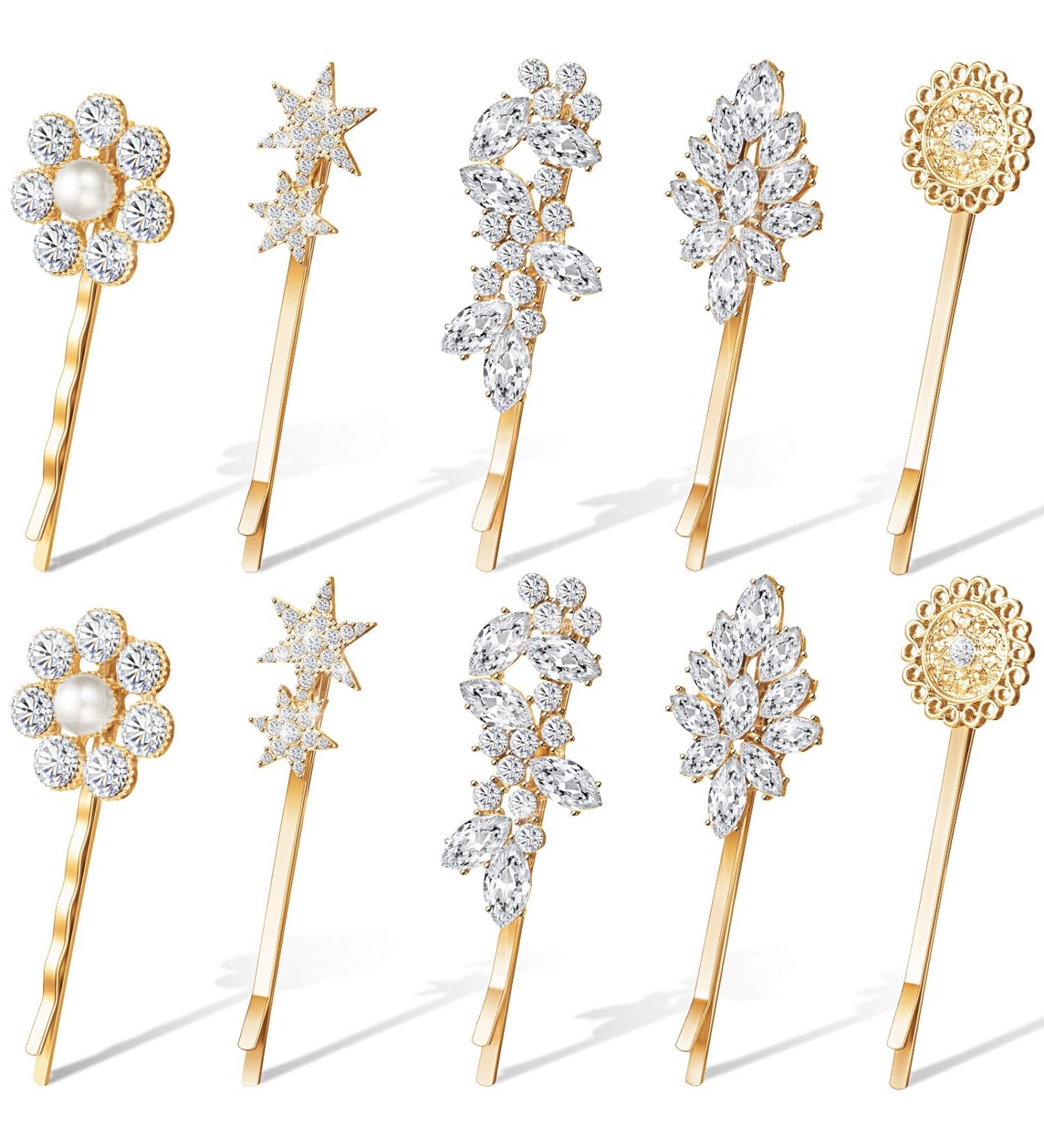 10-Piece Crystal Hair Pin Set - Vintage Rhinestone Bobby Pins in Gold Tone for Women and Girls Hair Decoration - Metal Hair Accessories - Buy Online on GoSupps.com