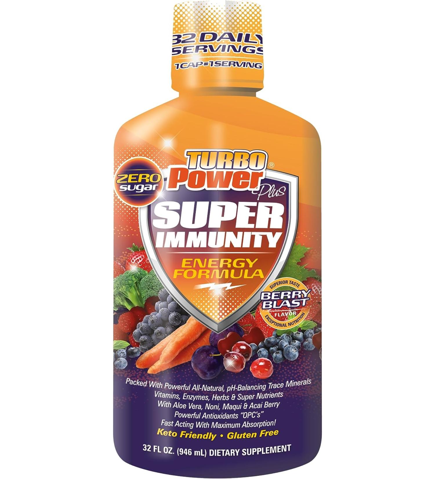 Turbo Power Plus Super Immunity 32 Oz. Liquid Energy Formula: 72 Natural Plant-Based Minerals, 17 Powerful Antioxidants, 47 Vitamins, Enzymes, Vitamin D3, Vitamin A, and Vitamin C