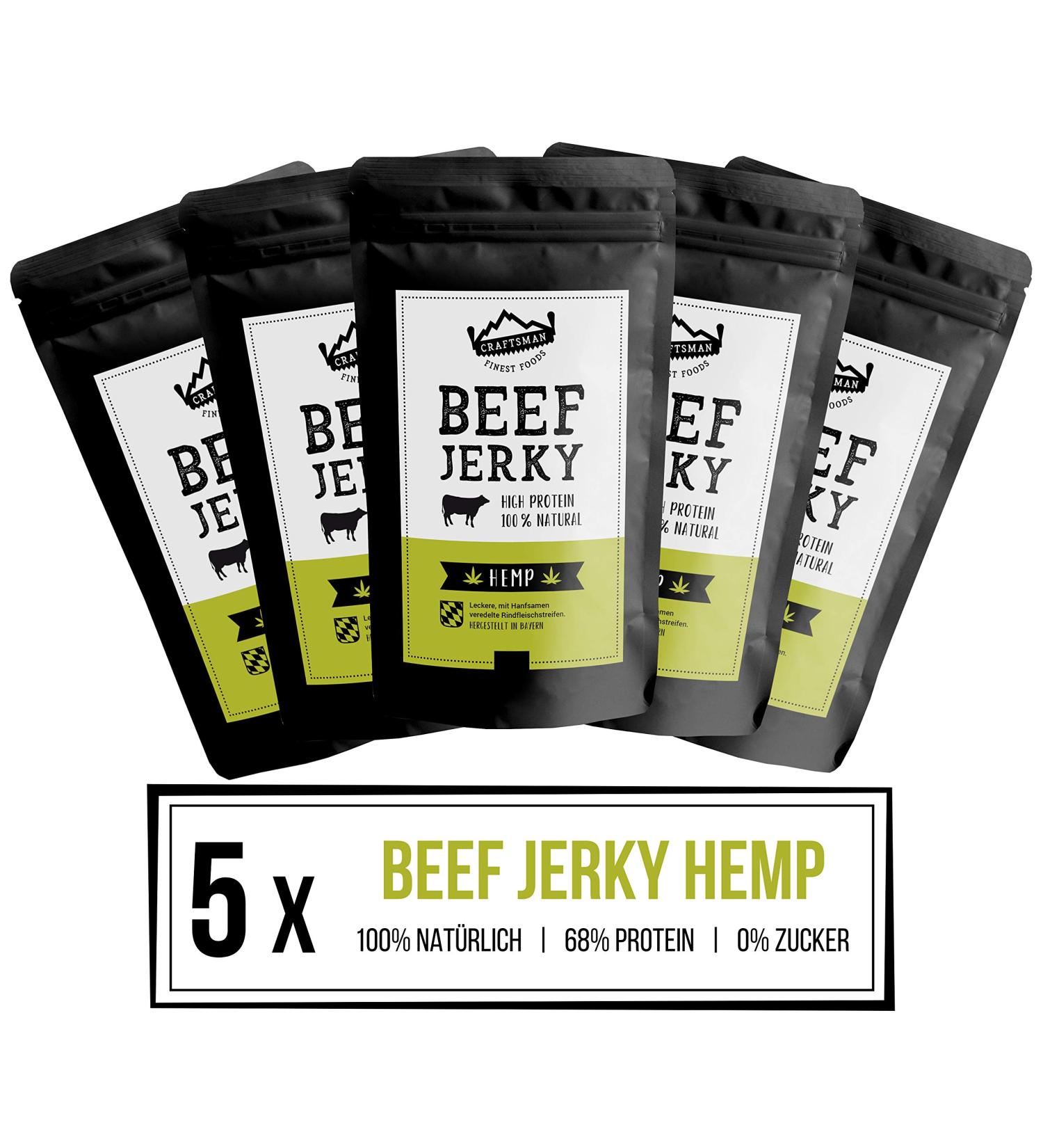  CRAFTSMAN FINEST FOODS Beef Jerky with Hemp | Made in Germany Bavaria | Pack of 5 x 100g 500g | 100% Natural | 100% Beef | High Protein 68% | Biltong Hemp Dried Meat with High Protein | Sugar Free - Buy Online on GoSupps.com