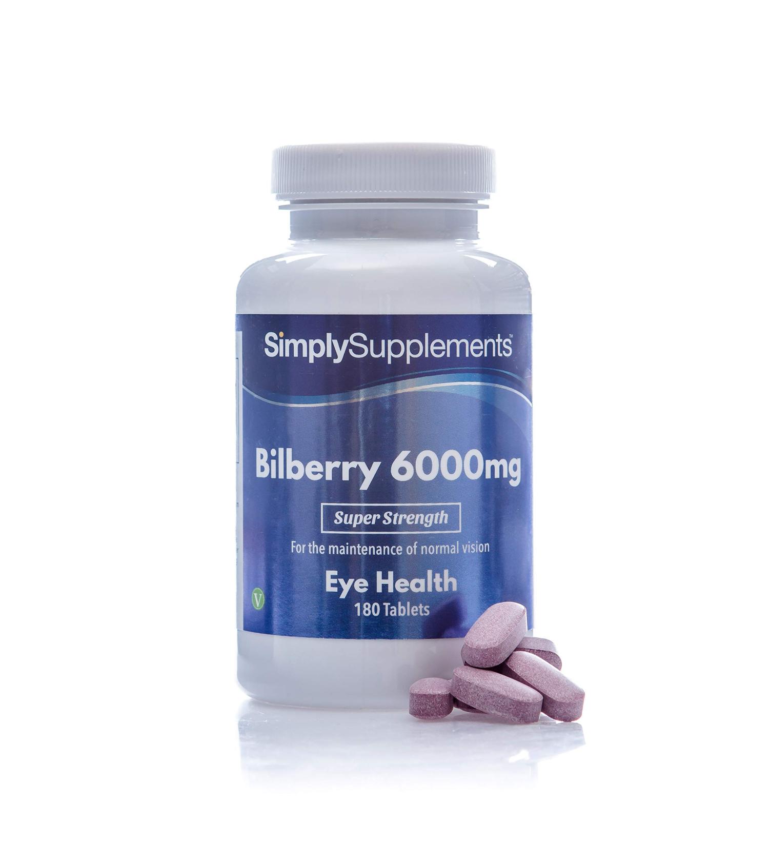 Bilberry Extract Tablets - 6000mg | 180 Tablets | Vegan | Vitamin B2 | Healthy Sight & Vision | UK Made - Buy Online on GoSupps.com