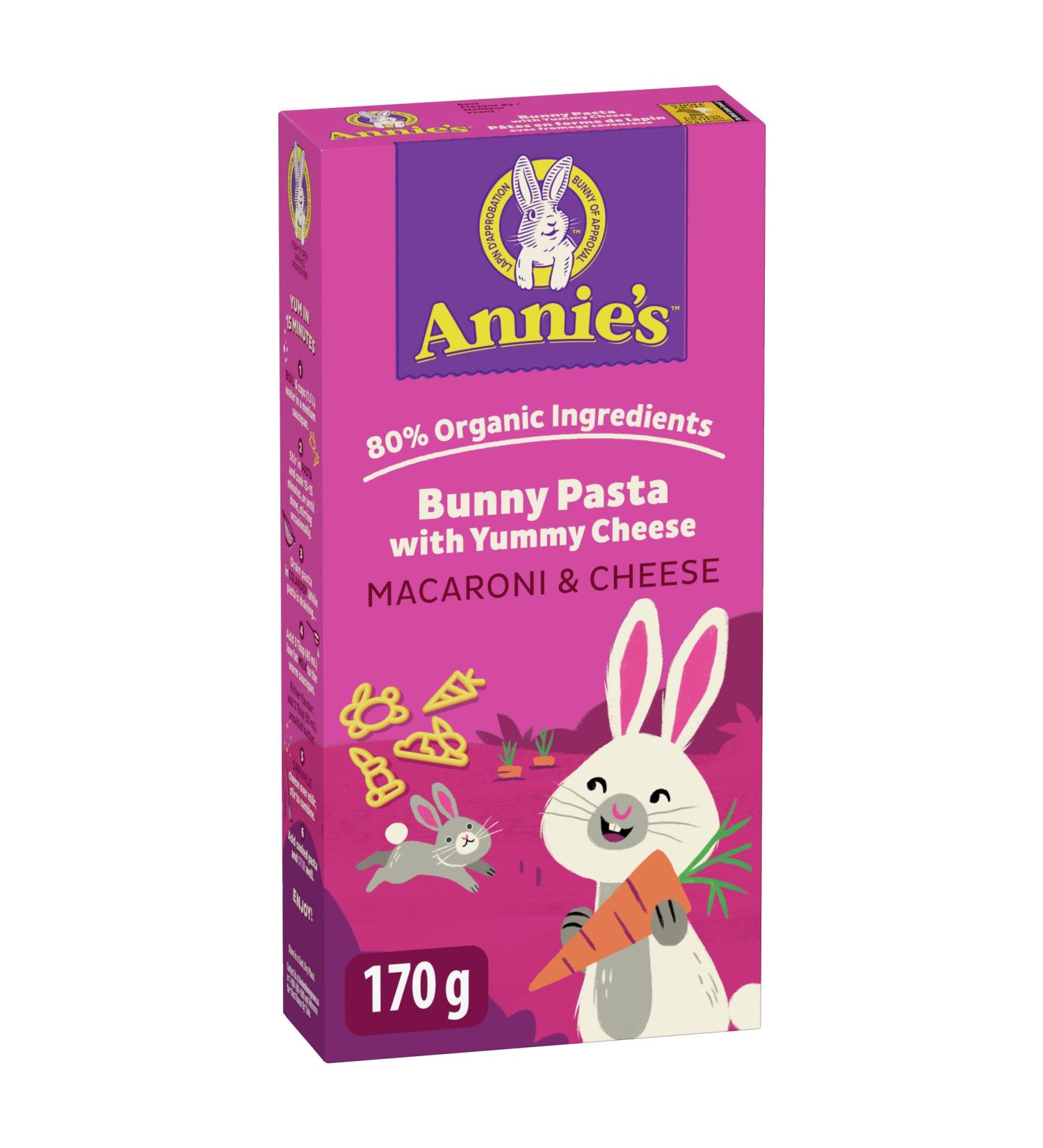 ANNIE'S - MACARONI AND CHEESE Bunny Pasta Cheese No Artificial Flavours No Synthetic Colours Contains Real Cheese and Milk Ingredients 80% Organic Ingredients 170 Grams Package - Buy Online on GoSupps.com