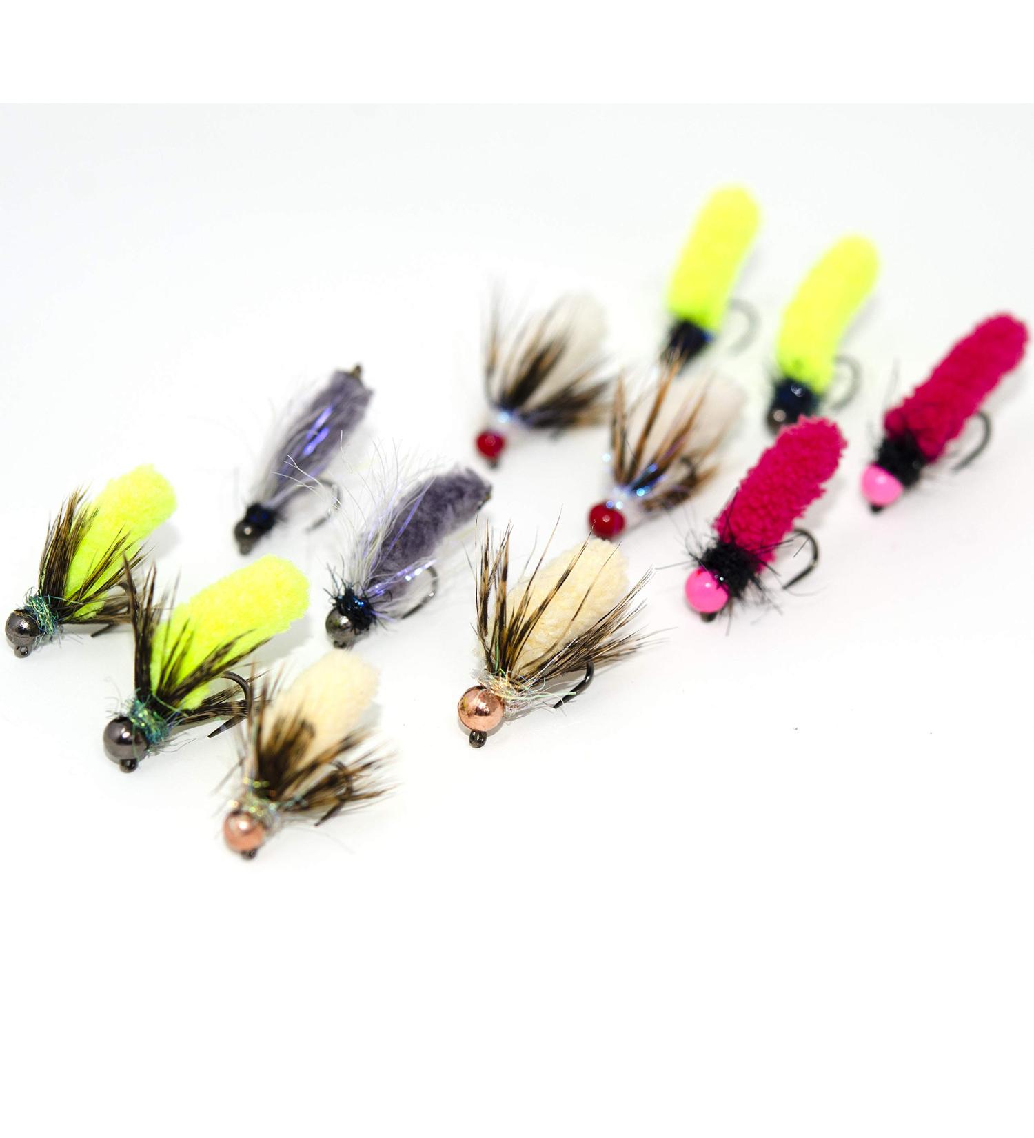 12 Mop Jig Nymph Fly Assortment | Tungsten Bead and Barbless Hook | Fly Fishing for Trout | Size 10, 12, 14, 16