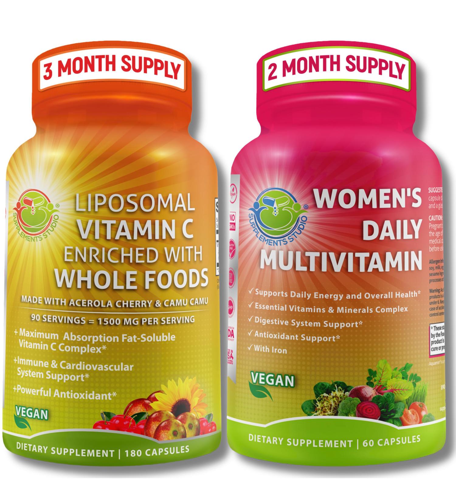 Antioxidant & Immunity Support Bundle - Liposomal Vitamin C 1500mg with Organic Acerola Cherry & Camu Camu + Women's Daily Multivitamin with Iron Superfoods Probiotics & Enzymes Vegan Non-GMO - Buy Online on GoSupps.com