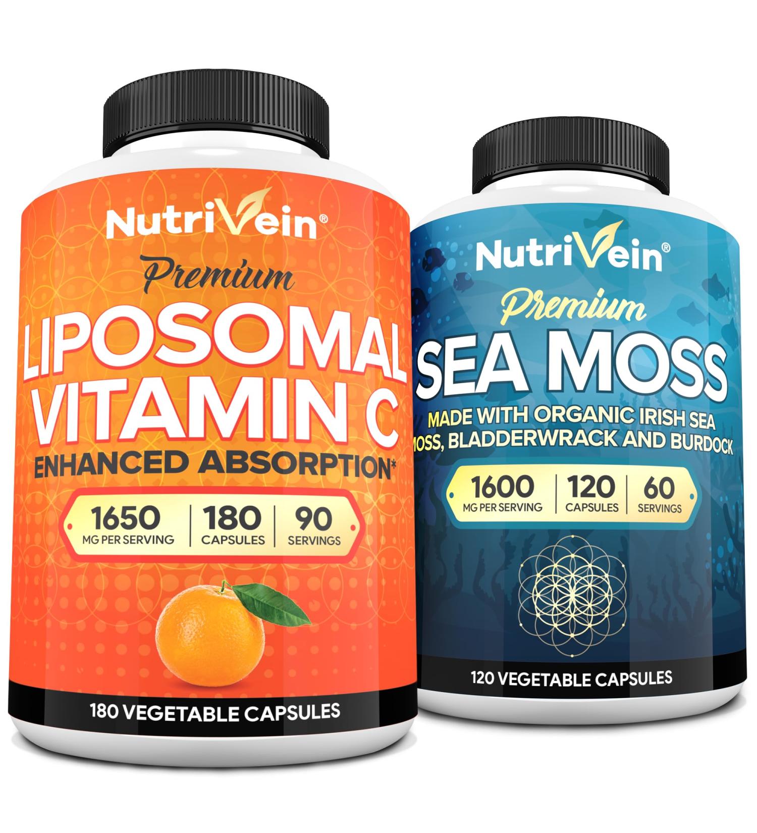 Nutrivein Premium Sea Moss Capsules & Vitamin C Supplement Bundle: High-Absorption Liposomal Vitamin C & Irish Sea Moss Capsules - Digestive Wellness Antioxidant Protection & Immune Support - Buy Online on GoSupps.com