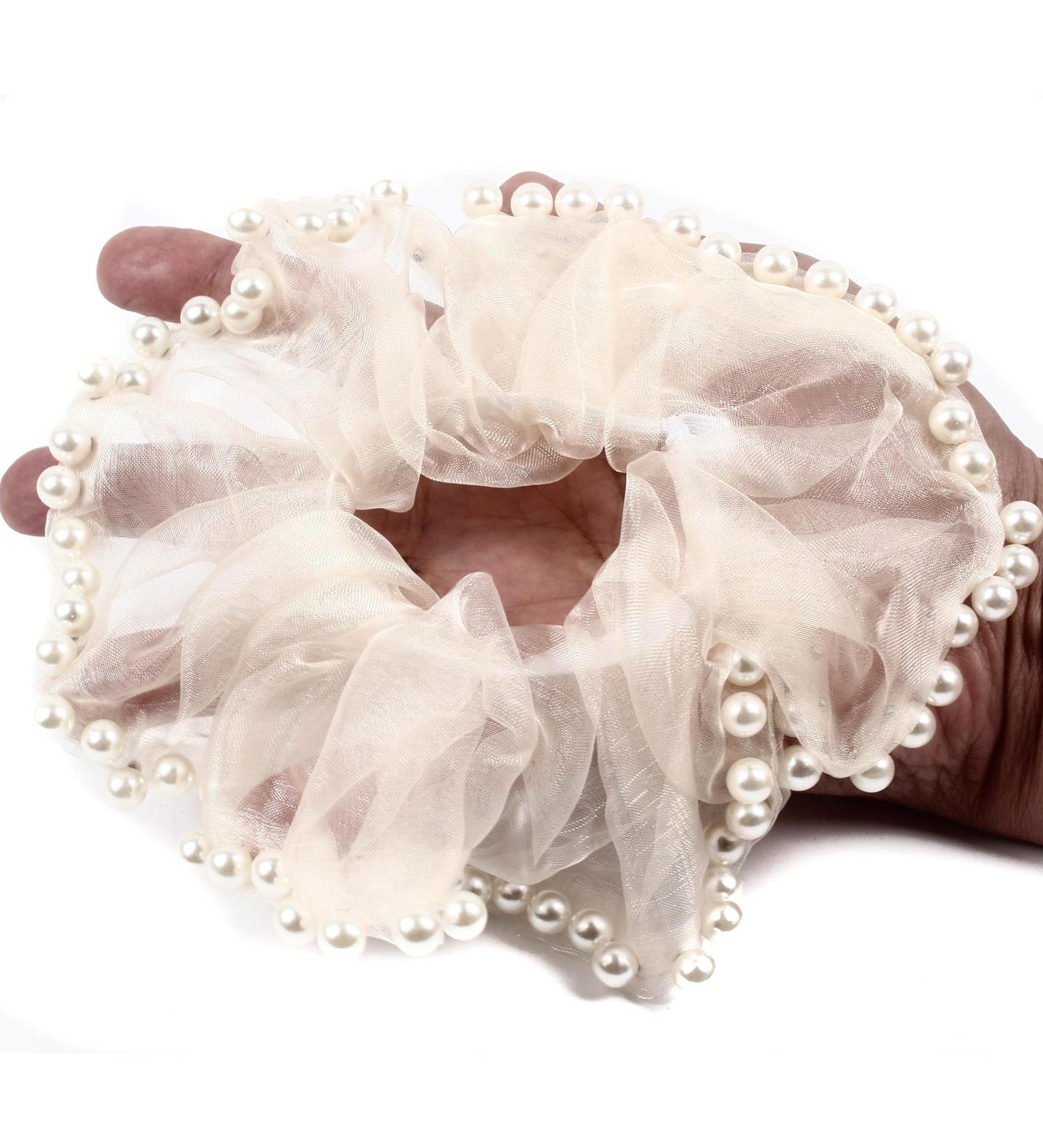 Mytoptrendz Pearl Trim Shimmer Chiffon Organza Scrunchie Ponytail Holdes Elastic Scrunchie Hair Ties Elastic Bobble Dance Bun Decor for Women and Girls (Cream) - Buy Online on GoSupps.com