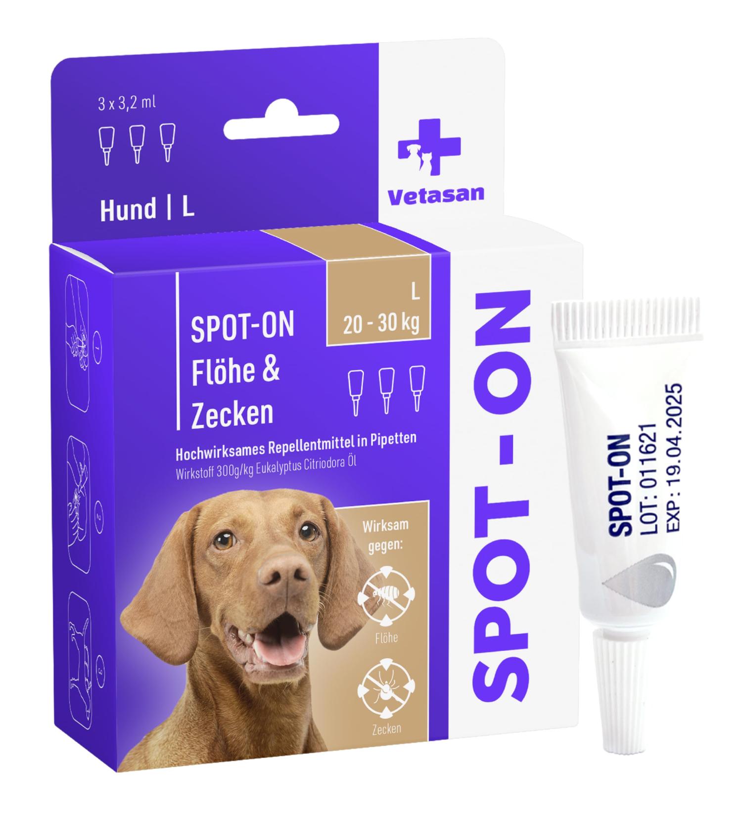 Vetasan Spot-On for Dogs 20-30kg (L) | Effective Flea & Tick Protection | 3 Months of Defense Against Ticks - Buy Online on GoSupps.com