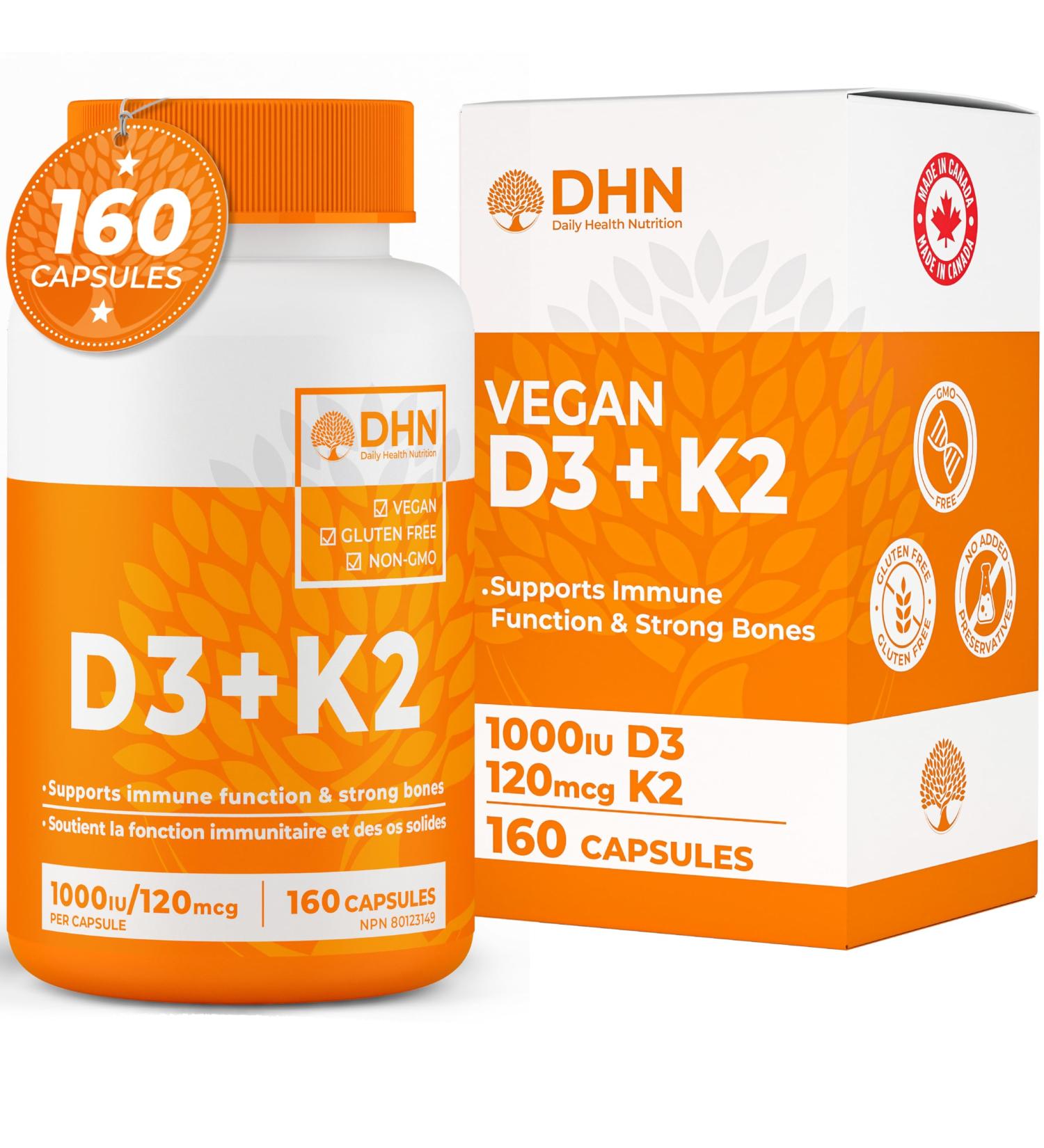 New Max Strength Vegan D3 + K2 | Bonus Size 160 Capsules | Immune Bone & Heart Health Supplement | Essential Vitamins for the Maintenance of Good Health | Canadian Made Quality Assured - Buy Online on GoSupps.com