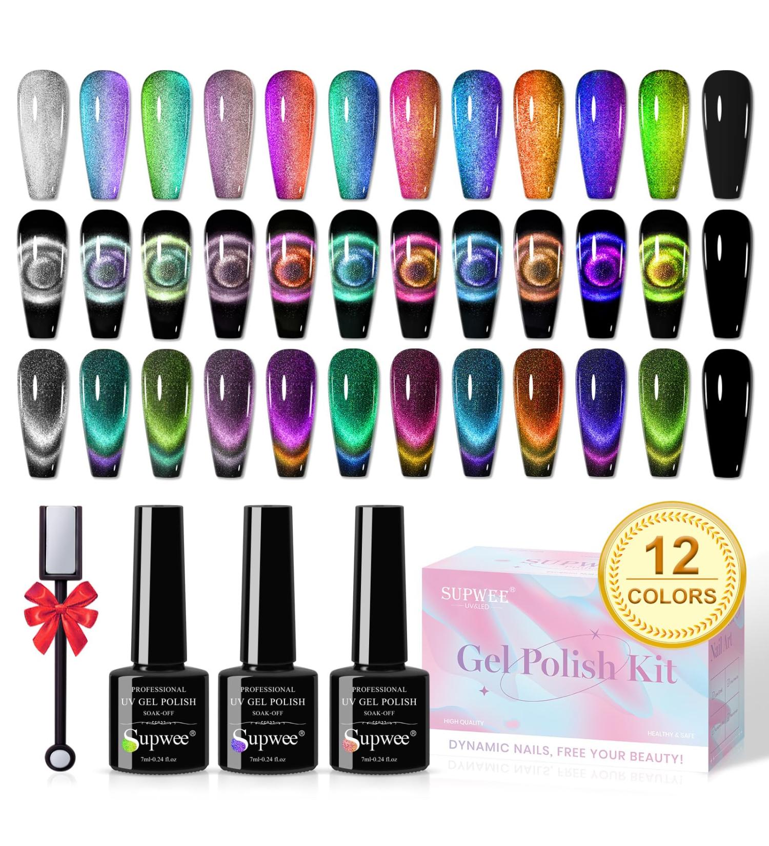 12 Colors Cat Eye Gel Nail Polish Set - 9D Magnetic Galaxy Polish & Black Gel for DIY Nail Art - Home Manicure Essentials - Buy Online on GoSupps.com