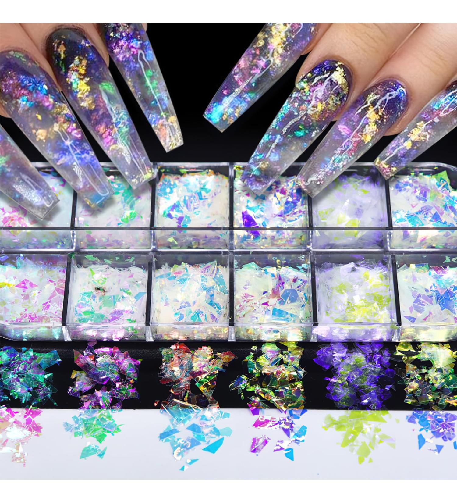 Shop 12 Colors Iridescent Chrome Nail Art Sequins | Holographic Mermaid Glitter Flakes for Face & Body DIY Decoration - Buy Online on GoSupps.com