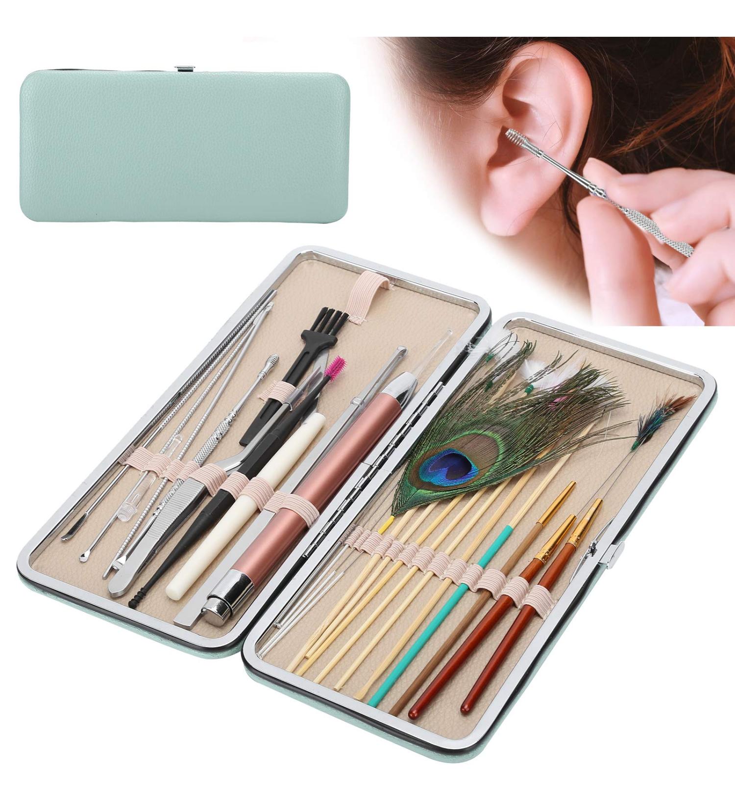 Professional Ear Wax Removal Kit - Double Ended Ear Scoop Spoon with Brush and Storage Box - 23 Mint Green Ear Picking Sets - Buy Online on GoSupps.com