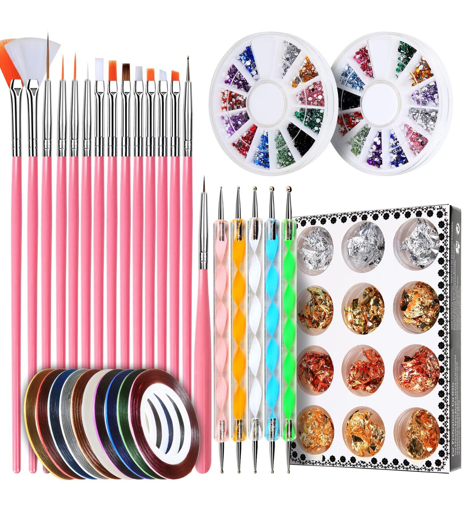 Teenitor Nail Pen Designer Kit with 15 Painting Brushes, Dotting Tool, Foil, Tape, Rhinestones - A-Pink - Buy Online on GoSupps.com