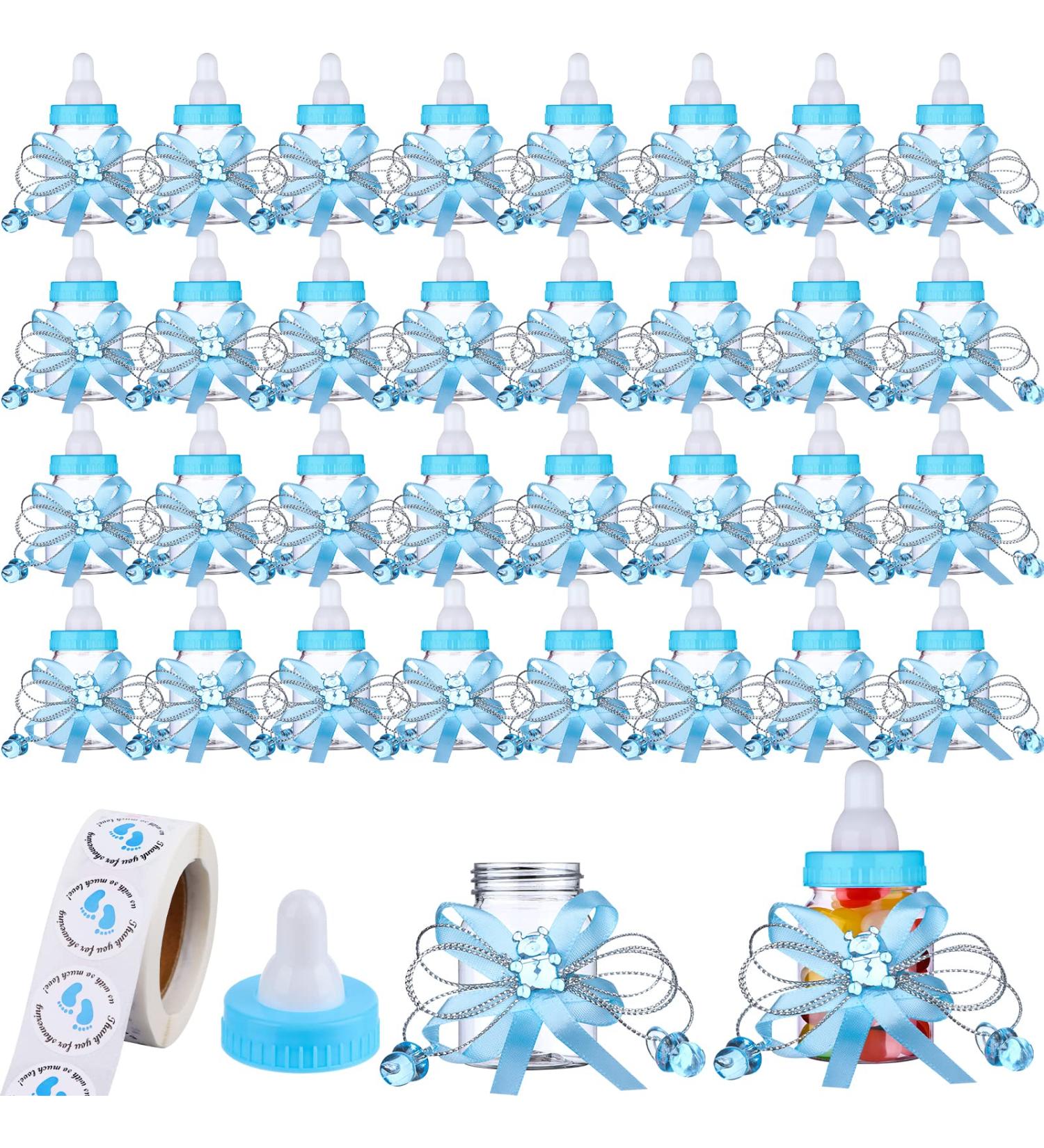 62 Pcs 3.5 Mini Milk Bottle Baby Shower Favor Set with 500 Thank You Stickers - Blue Plastic Bear Candy Bottles for Boy Girl Newborn Baptism Party Decor - Buy Online on GoSupps.com