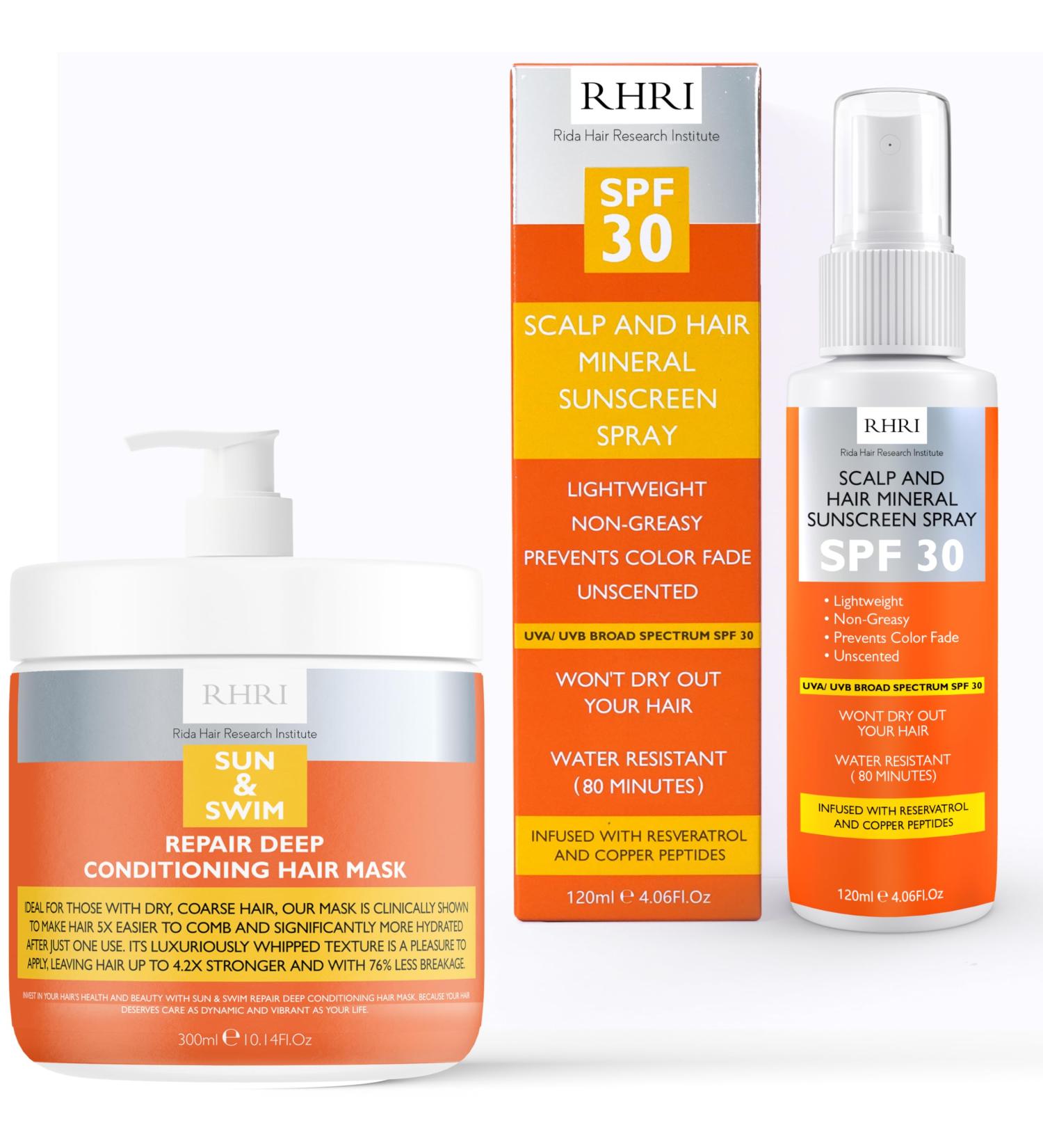 Sunscreen for Hair and Scalp Premium SPF 30 Hair Sunscreen Spray| Protect from Harmful UV Rays Color Fade and Dryness | Non-Greasy Formula +Sun & Swim Repair Deep Conditioning Hair Mask