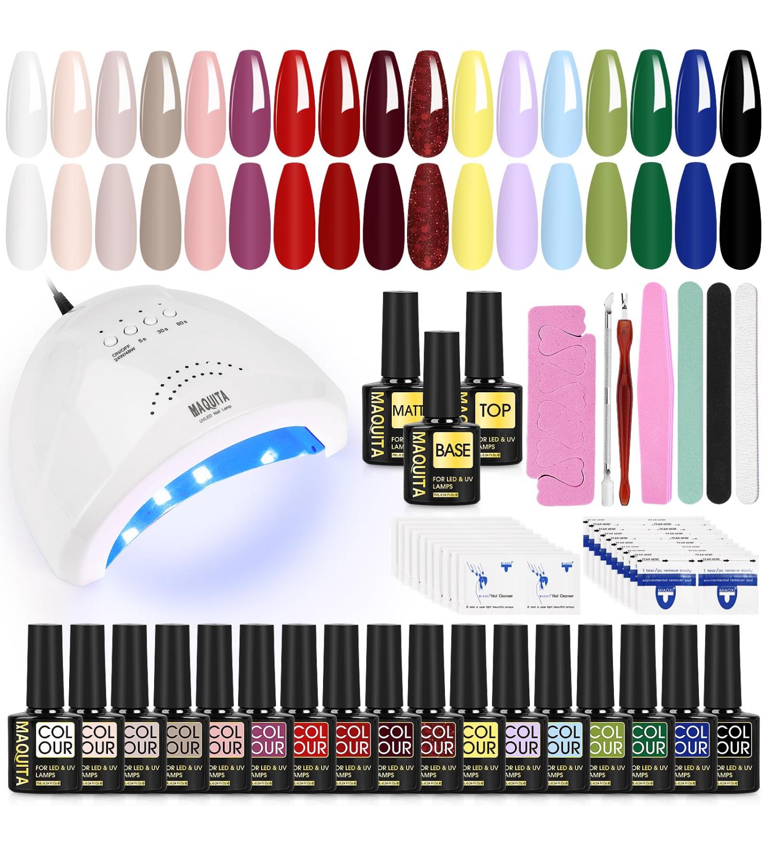 MAQUITA Gel Nail Polish Set with 48w Lamp Starter Kit - 17 Colorus Nail Salon Set - with No Wipe Glossy & Matte Top Coat and Base Coat - DIY Manicure Tool Gift for Beginners at Home - Buy Online on GoSupps.com