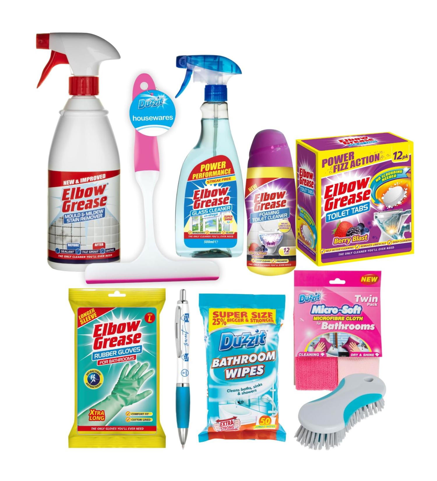 Bathroom Cleaner Bundle Products 10pcs | Elbow Grease Toilet Cleaner Stain Remover Spray Extra Long Rubber Gloves Microfibre Cloths Duzzit Wipes and more! Includes Sinta Gifts Pen - Buy Online on GoSupps.com