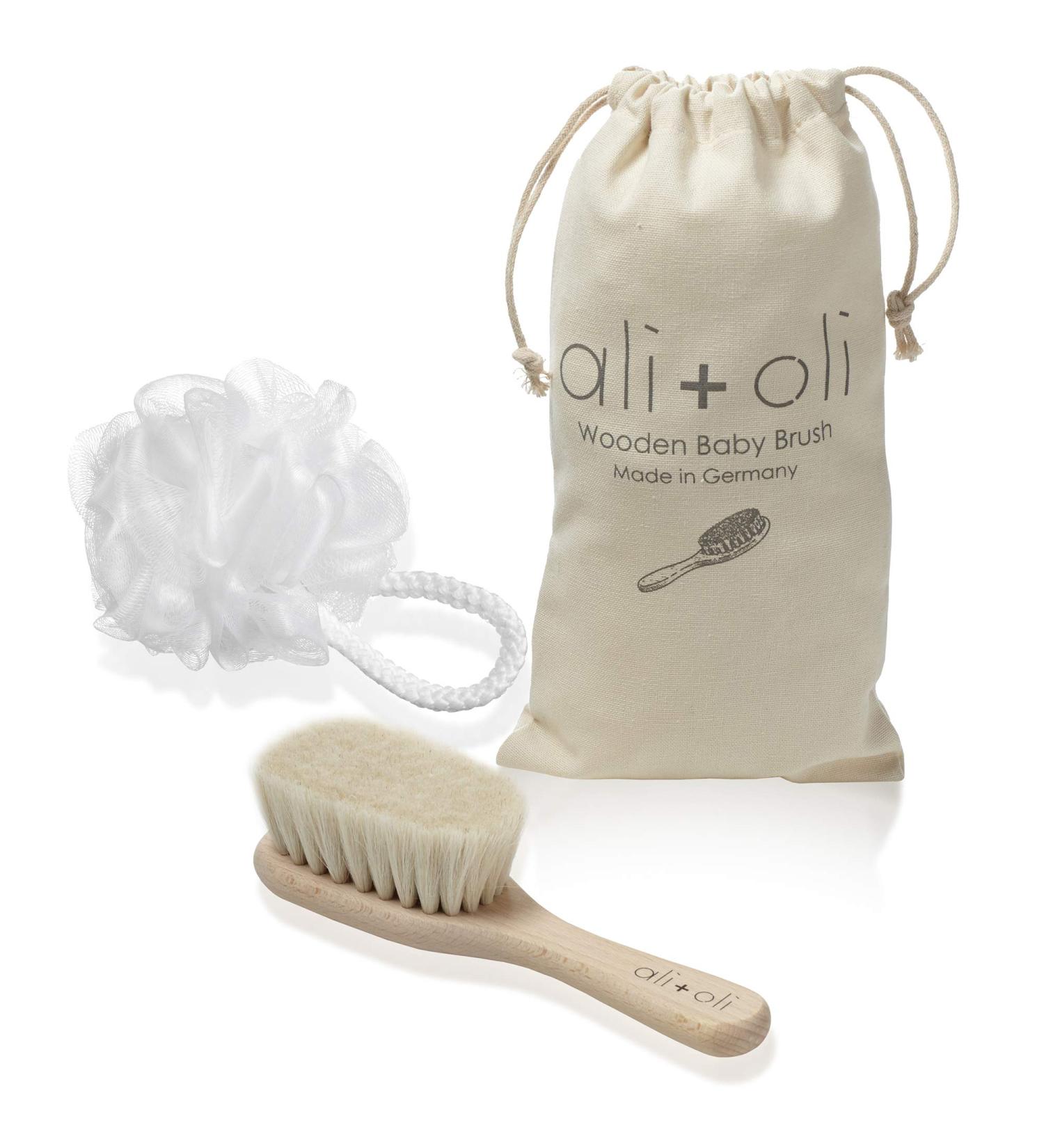 Ali+Oli Newborn Wooden Hair Brush Set with Mini Loofah | Soft Goat Bristle Infant Brush for Baby's Cradle Cap - Buy Online on GoSupps.com