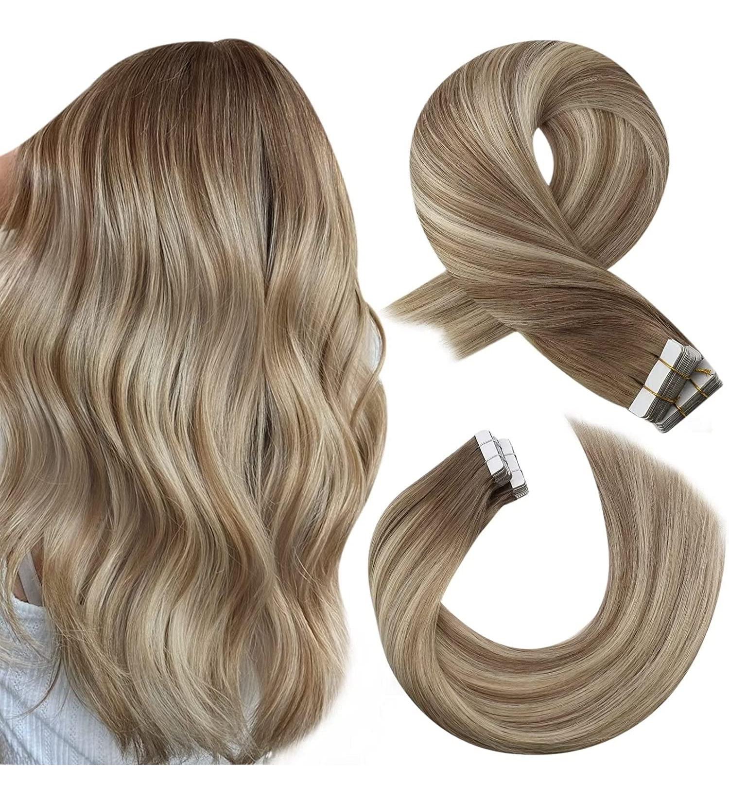 Moresoo Balayage Human Hair Tape in Extensions 24 Inch | Light Brown & Platinum Blonde | 20 Pieces/50g - Buy Online on GoSupps.com