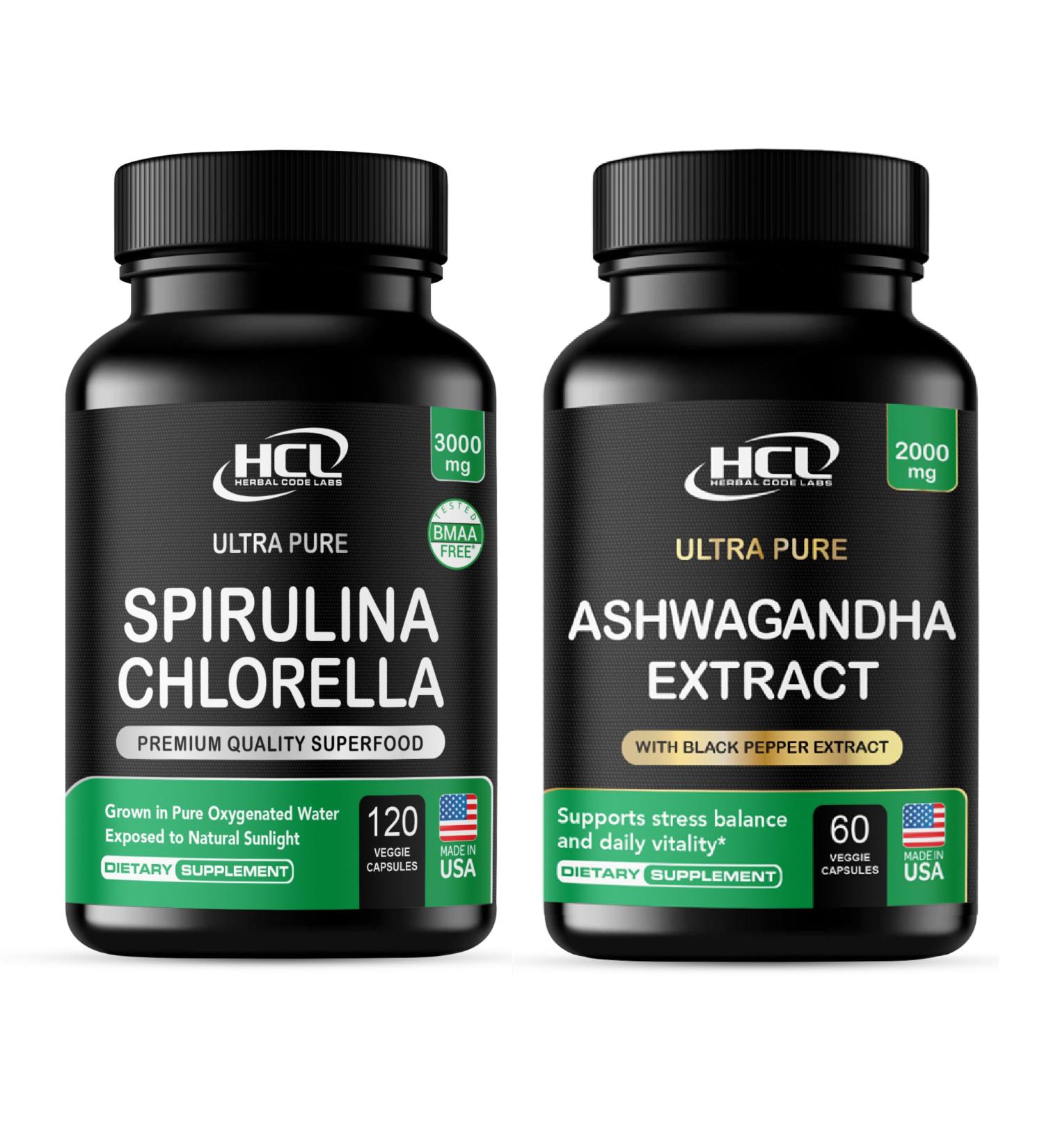 Spirulina Chlorella 3000mg + Ashwagandha 2000mg with Lemon Balm & Black Pepper Natural Detox & Stress Support Vegan Capsules Made in USA - Buy Online on GoSupps.com