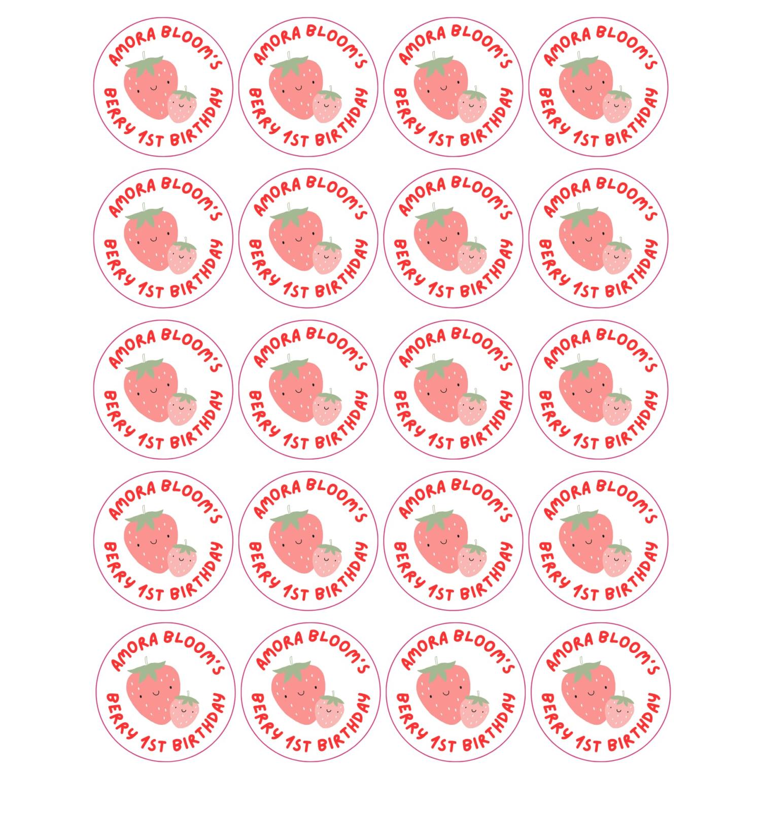 20 x EDIBLE Personalised BERRY 1ST BIRTHDAY cupcake toppers wafer/icing uncut first birthday (icing paper)