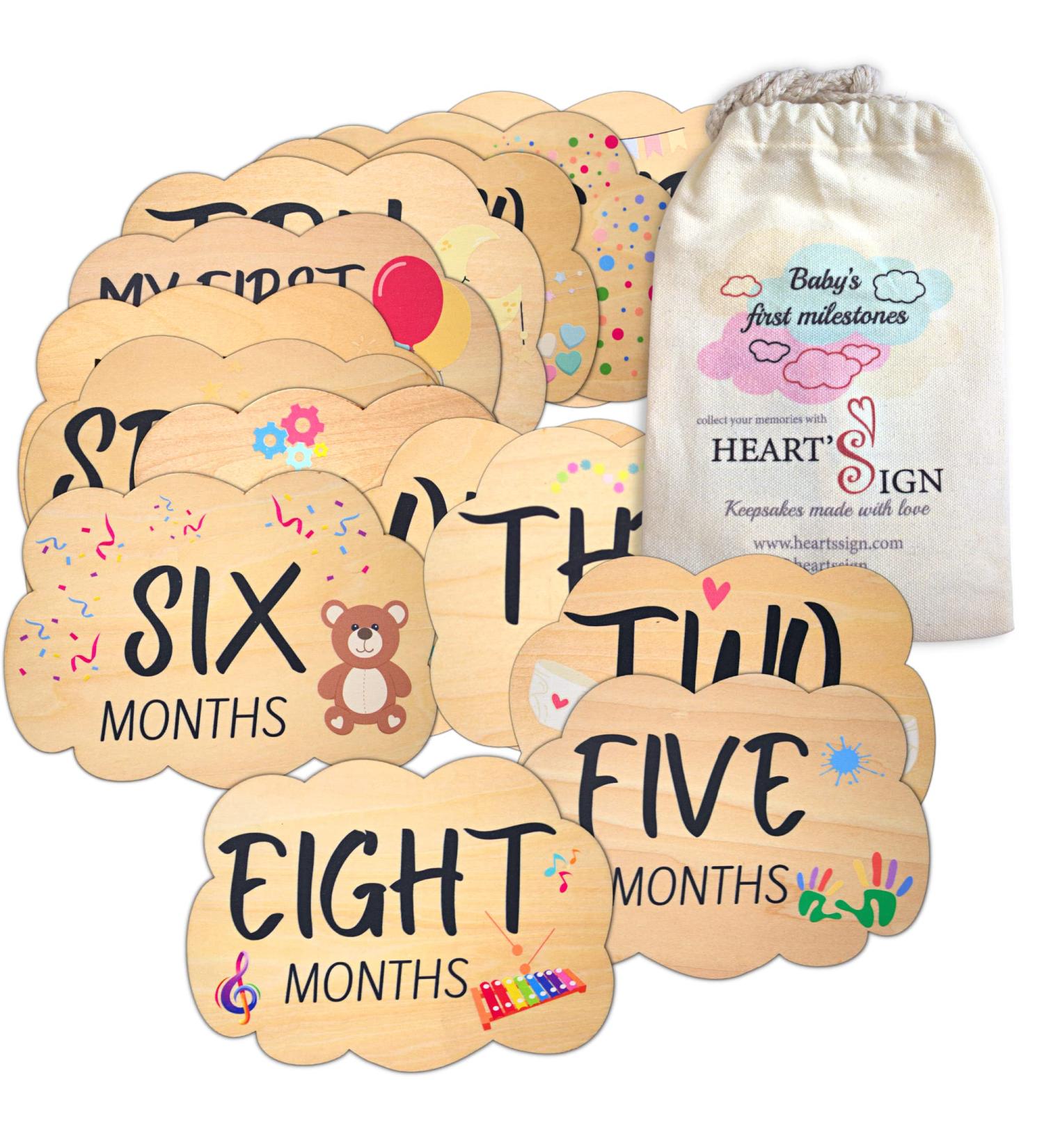 Hello World Baby Monthly Milestone Cards - Cloud-Shaped Wooden Discs | Newborn Gift Set - Buy Online on GoSupps.com