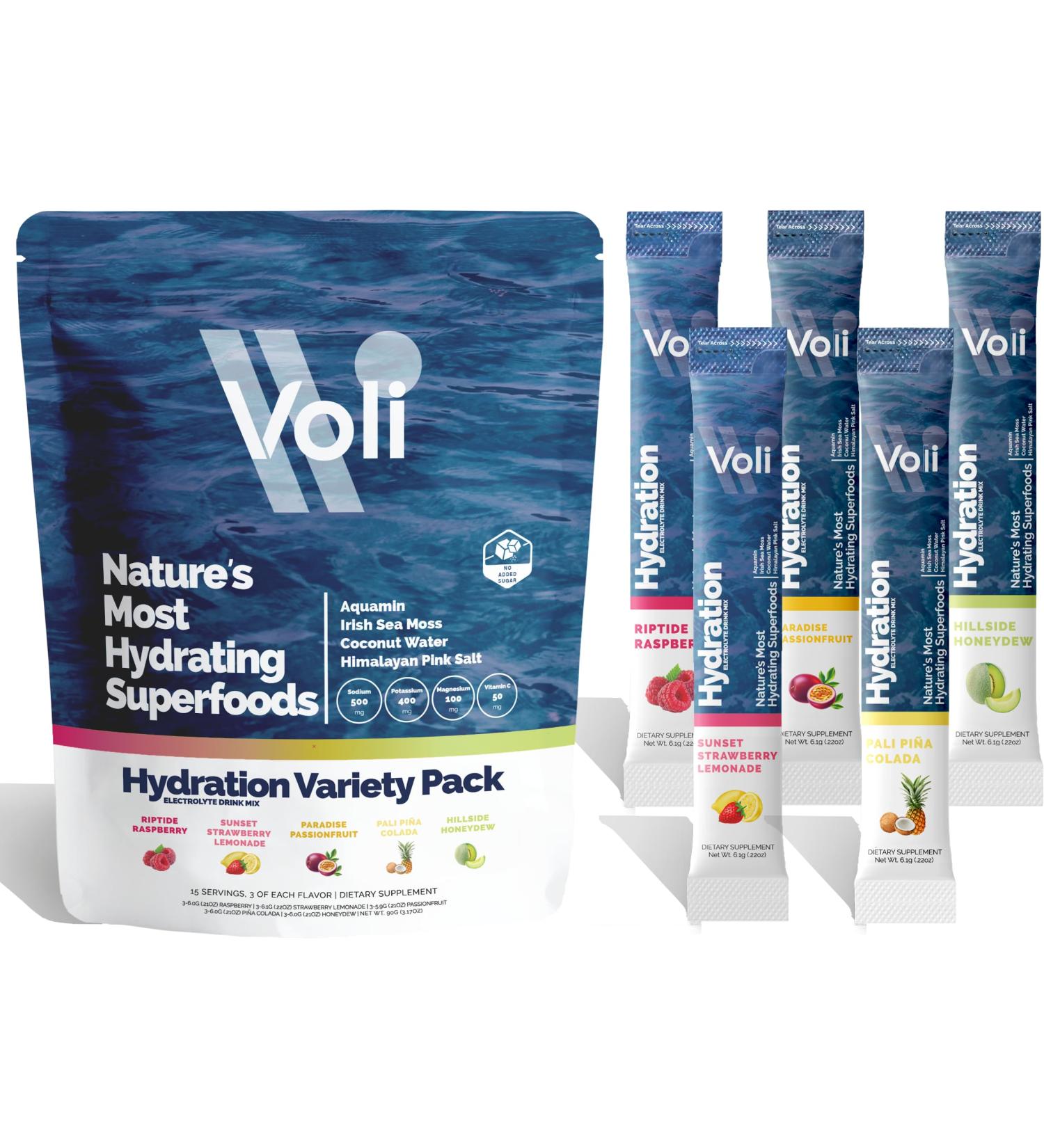 Voli Hydration Variety Pack - Superfood Drink with Irish Sea Moss Coconut Water & Aquamin | Low-Calorie Hydration - 15 Servings - Buy Online on GoSupps.com