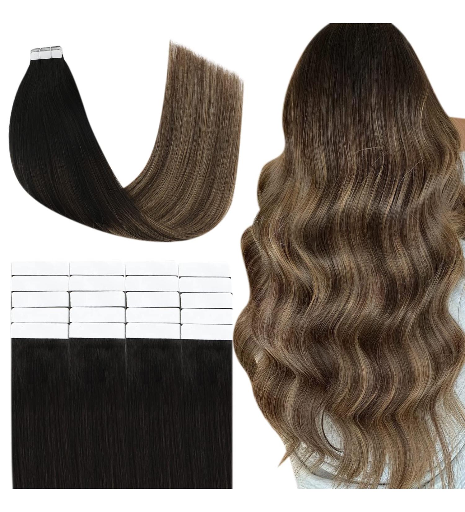 YoungSee 12 Ombre Tape in Human Hair Extensions - Natural Black to Dark Brown with Blonde - Remy Seamless Tape ins for Short Hair - 30g 20pcs - Pack of 1 - Buy Online on GoSupps.com