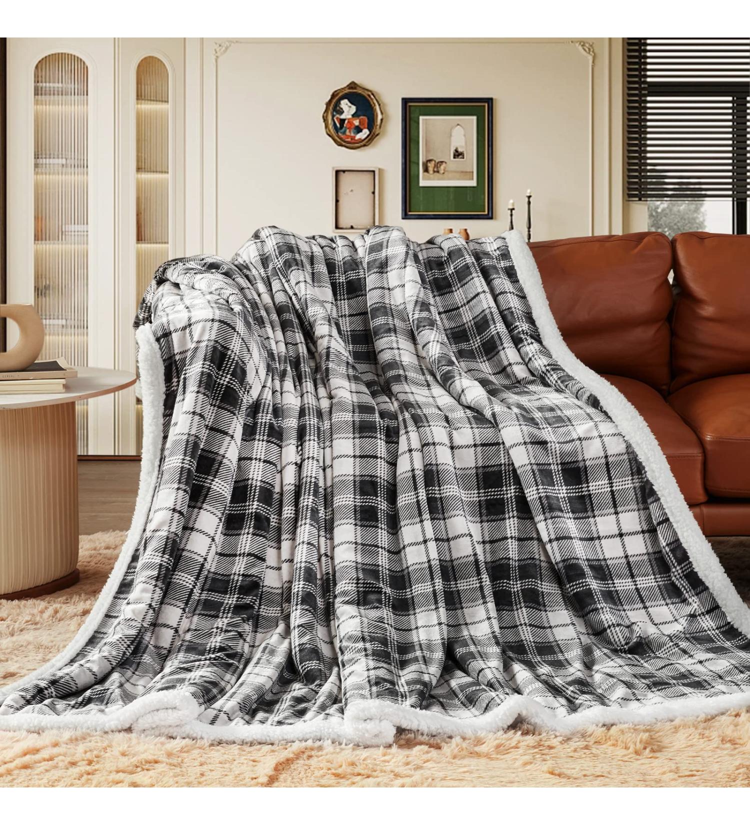 Sherpa Plaid Reversible Throw Blanket | Cozy Flannel Fleece for Couch, Bed, Sofa | Grey 50x60 - Buy Online on GoSupps.com