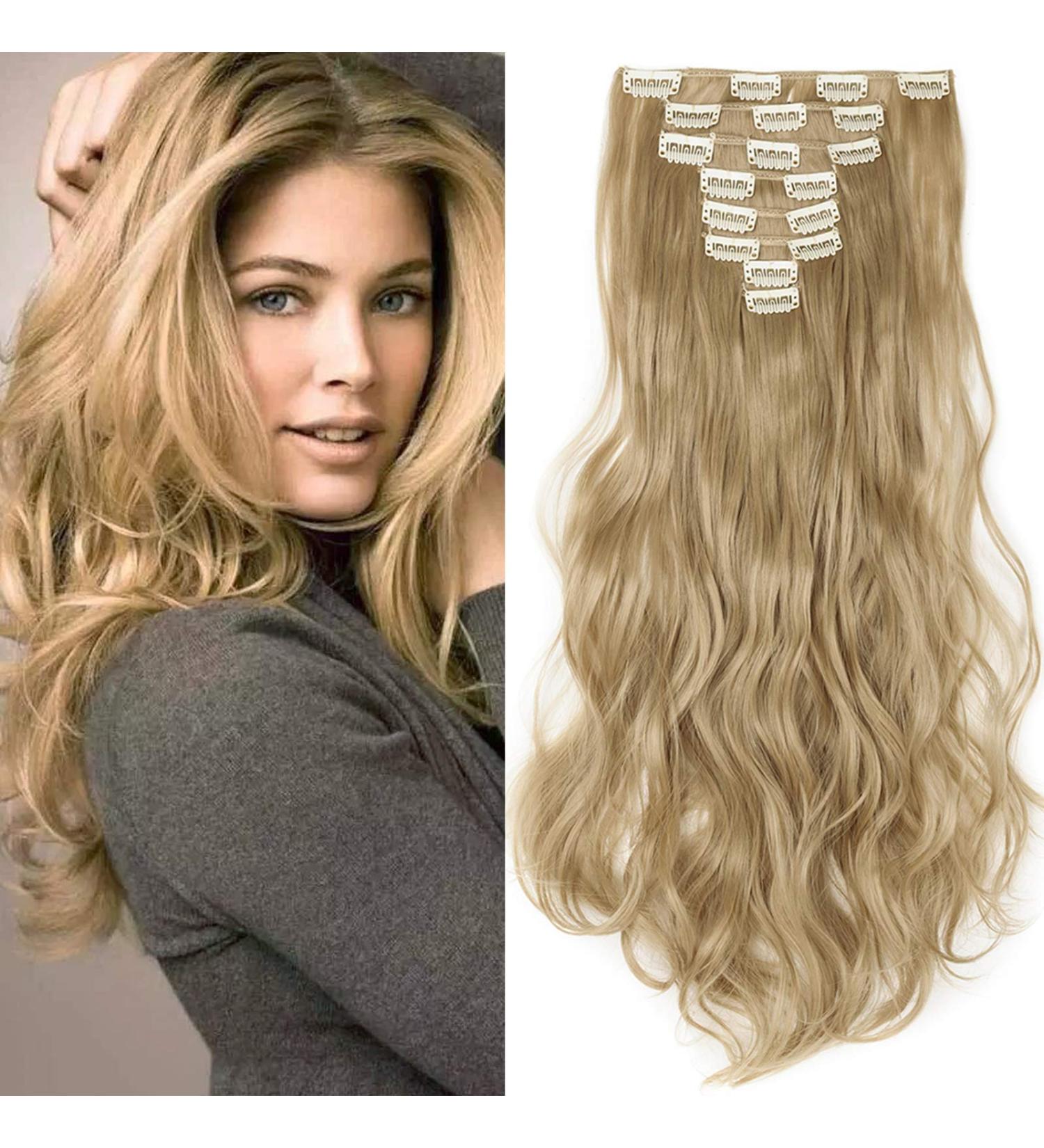 SEGO Clip-in Hair Extensions Set - 8 Piece Wavy Real Hair Extensions in Medium Blonde & Ash Blonde (61cm & 60cm) - Buy Online on GoSupps.com
