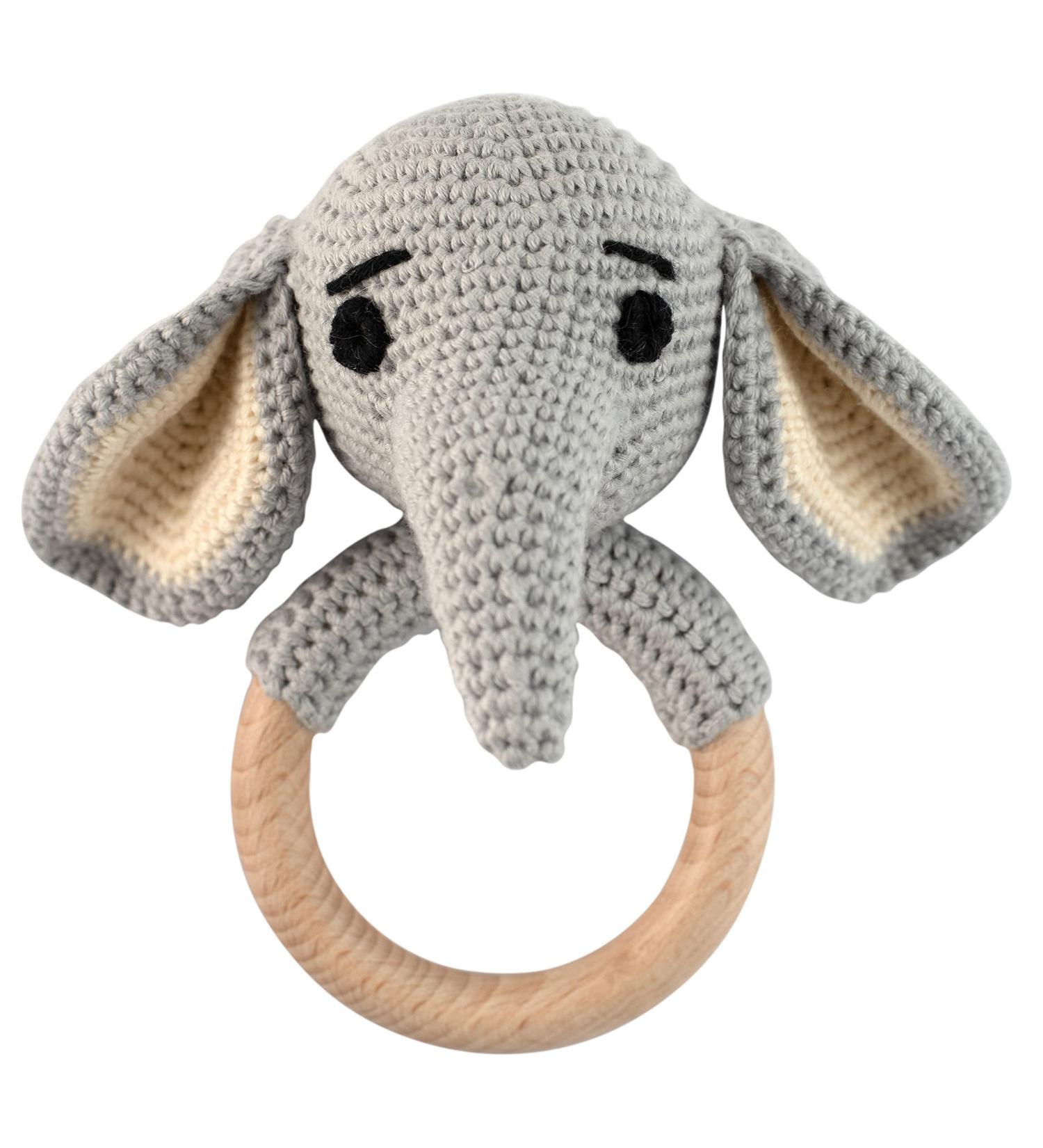 Handmade Elephant Amigurumi Crochet Rattler with Wooden Teething Ring for Newborns - Baby Animal Rattle Toy - Buy Online on GoSupps.com