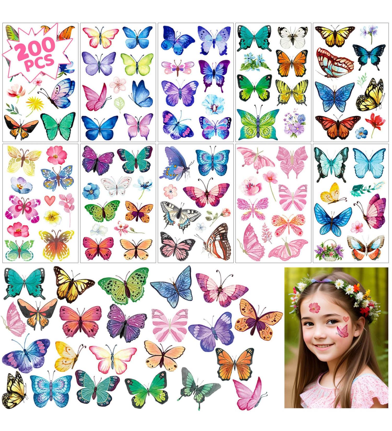 200Pcs Colorful Butterfly Temporary Tattoos for Kids/Women - Waterproof Stickers for Party Favors/Gifts/Decoration - Buy Online on GoSupps.com