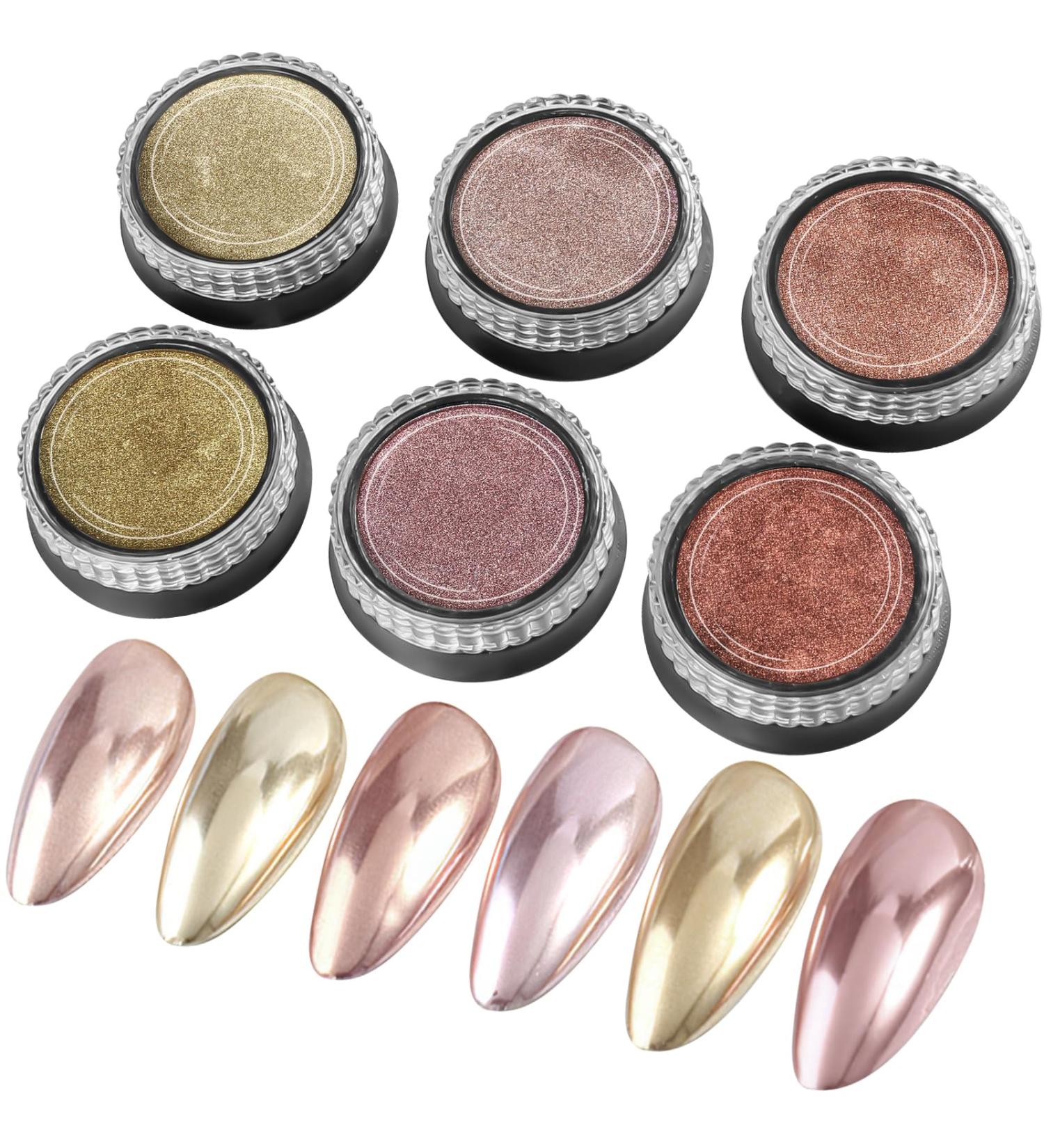 Rose Gold Chrome Nail Powder - Metallic Mirror Effect Pigment for Nails - Set of 6 Jars - Buy Online on GoSupps.com