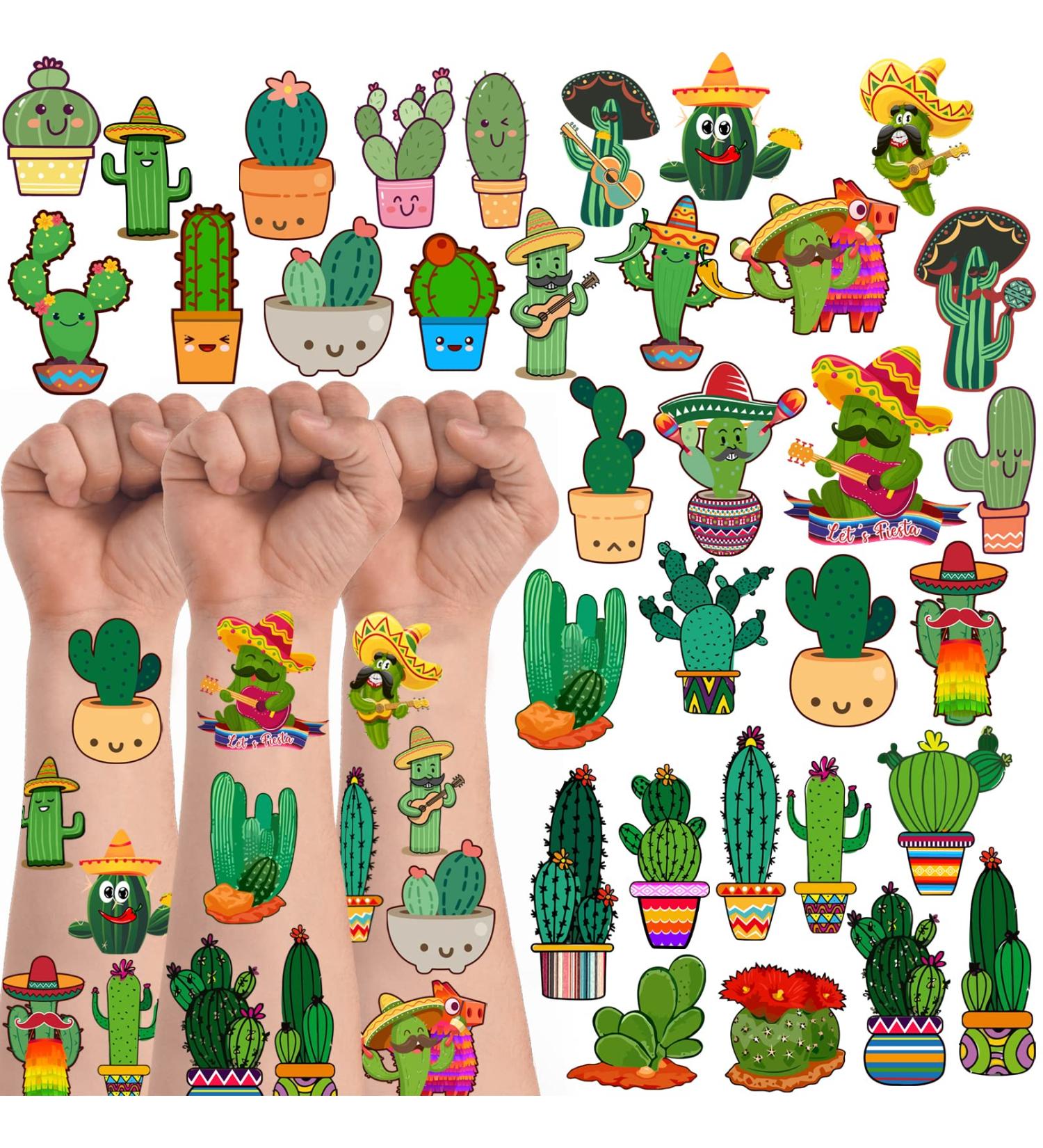 Cactus Temporary Tattoos - 12 Sheets, 140 Pieces | Mexican Themed Stickers for Fiesta Party Decoration, Kids & Adults - Buy Online on GoSupps.com
