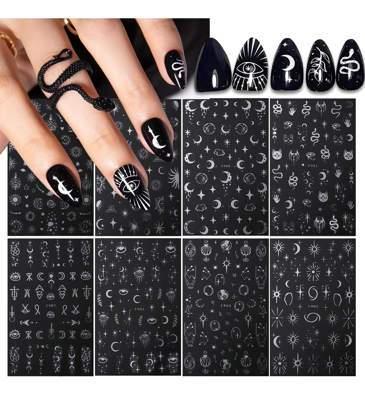 Stylish 3D Metallic Nail Art Stickers - Silver Moon Star & Snake Designs - Luxury Self-Adhesive Decals for DIY Manicure Decoration - Buy Online on GoSupps.com