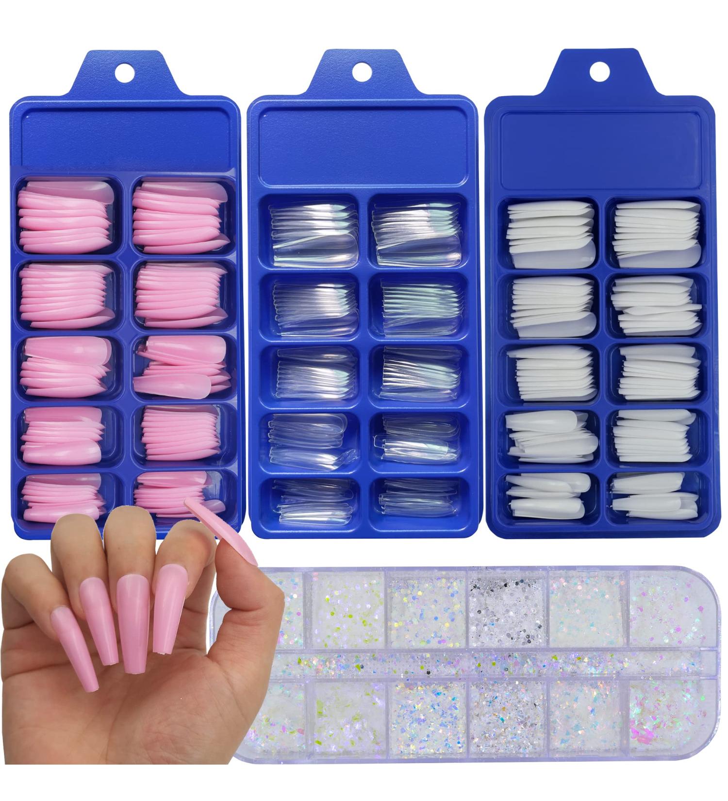 AddFavor Long Coffin Press on Nails - 3 Boxes Clear White Pink Full Cover Ballerina Acrylic False Nail Tips with Glitter Decoration for Women and Girls Nail Art - Buy Online on GoSupps.com