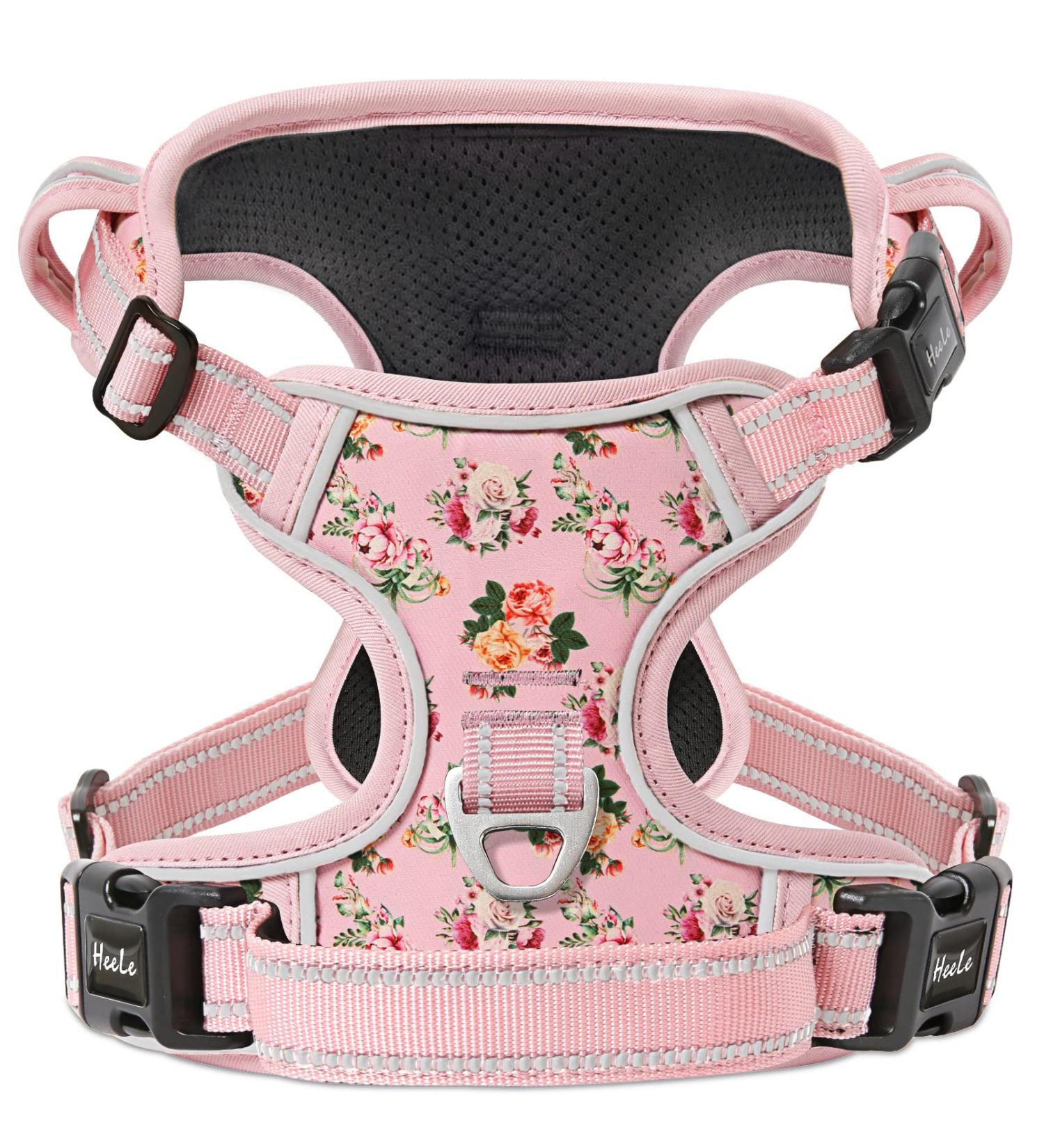 Shop Heele Floral Pink Dog Harness - Breathable Adjustable Reflective & Anti-Pull for Medium Dogs (43-86cm) - Buy Online on GoSupps.com
