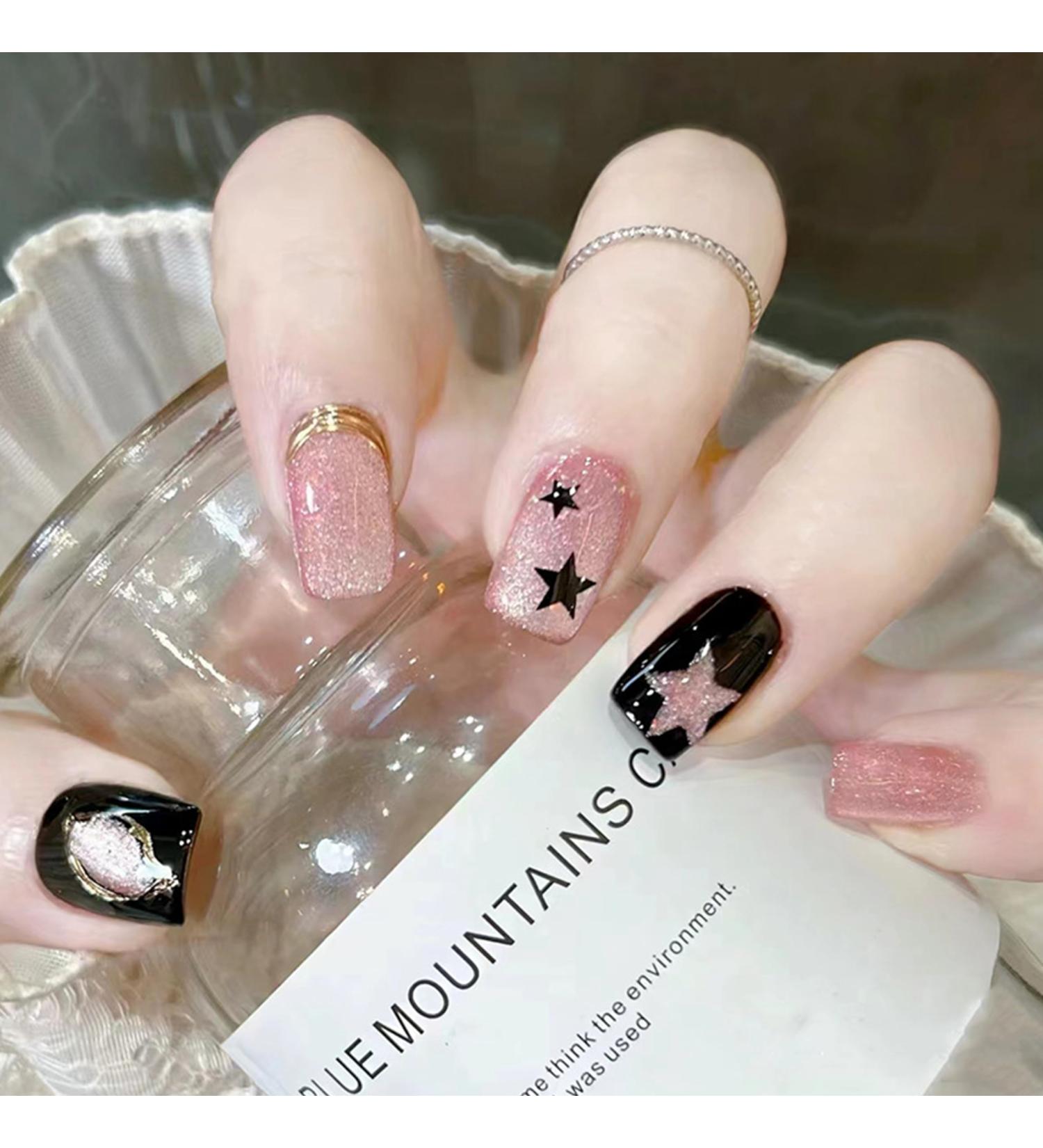 Buy Oval Short Artificial French Press-On Nails - Mrcuvaryas Soft Gel Nail Tips with Pink Stars | International Shipping - Buy Online on GoSupps.com