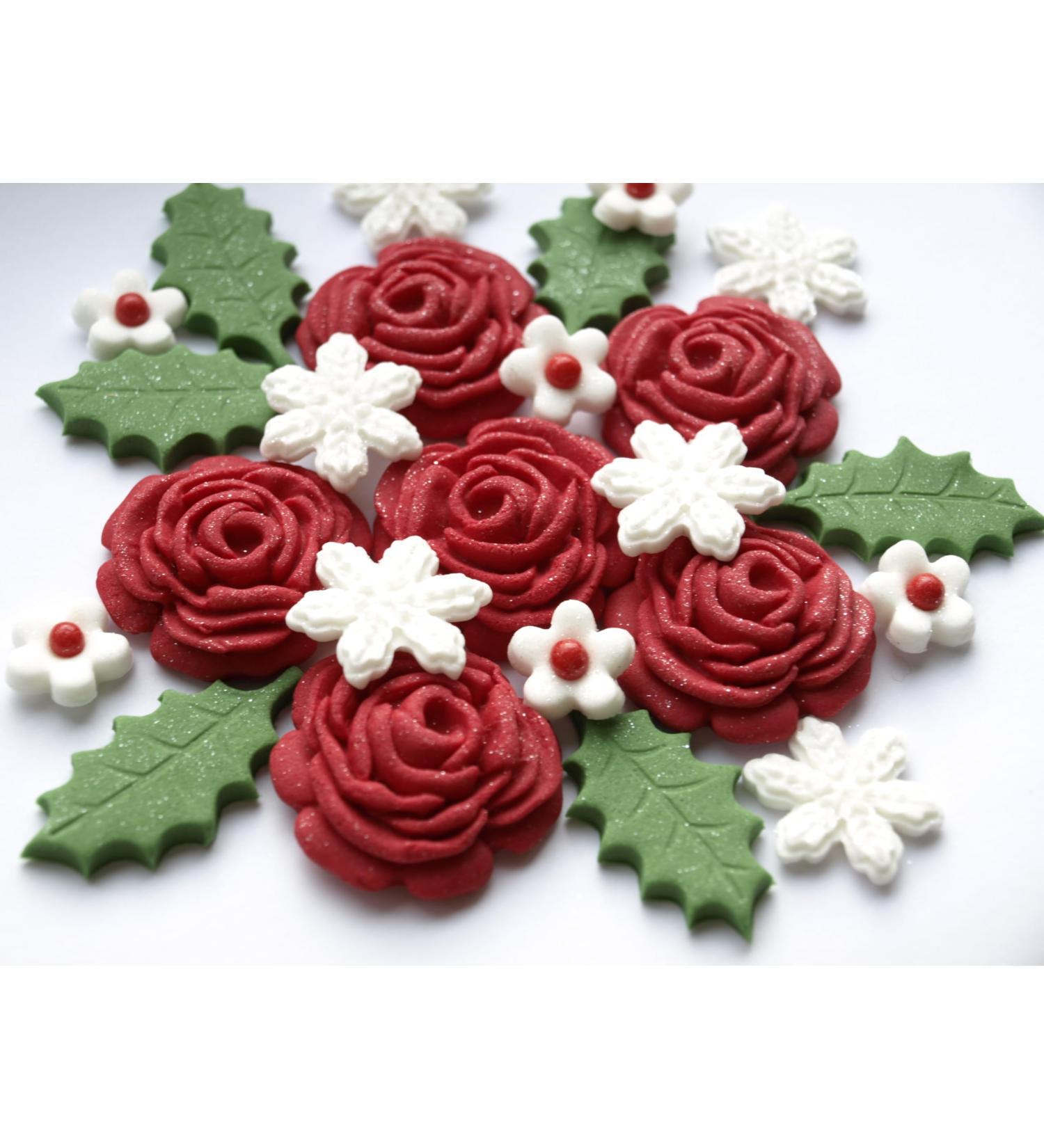 24x Red Roses Holly Leaves Christmas Cake Toppers Edible Winter Sugar Flowers Cake Cupcake Decorations - Buy Online on GoSupps.com