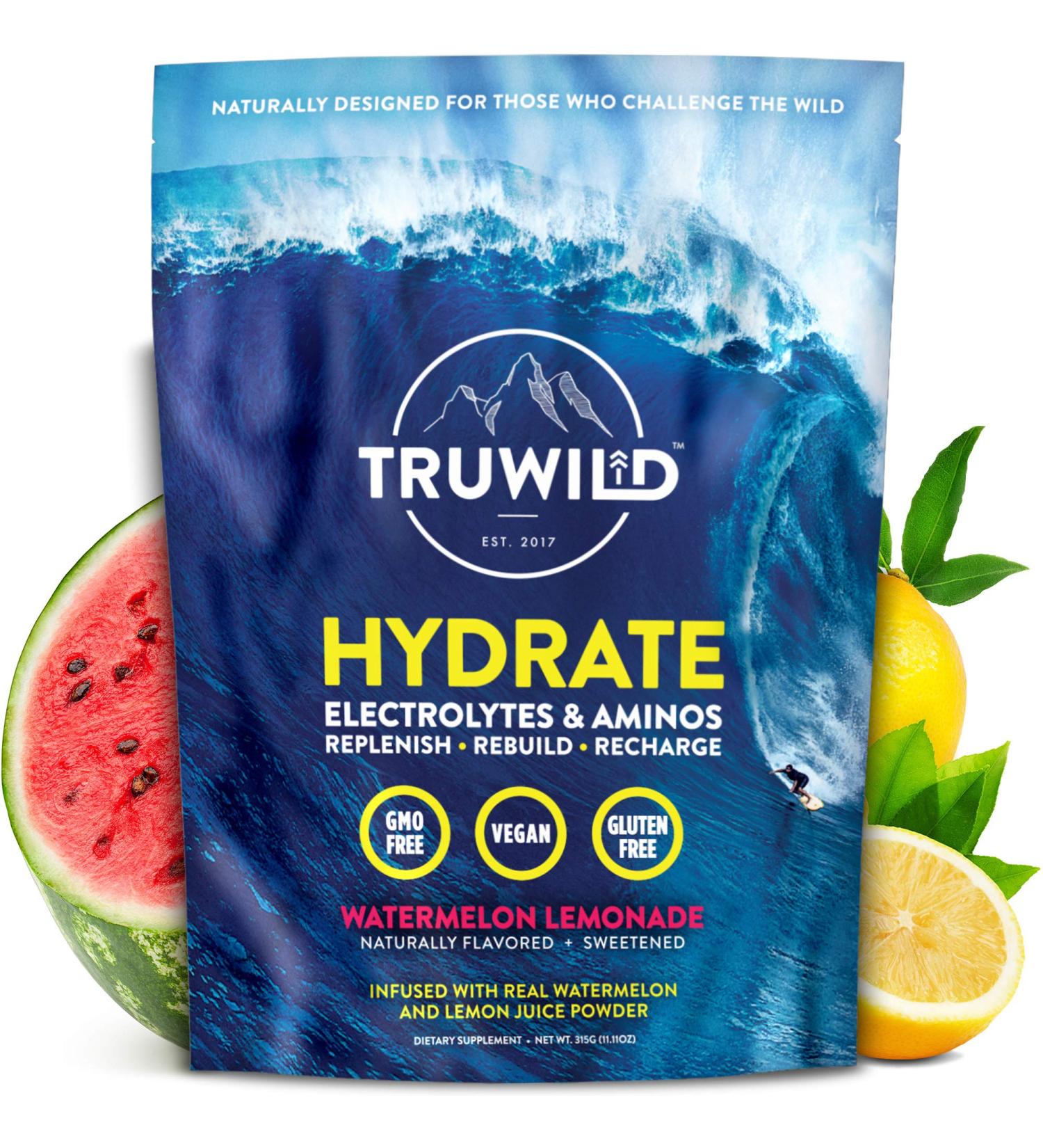 TRUWILD Hydrate Vegan Electrolyte + Amino Acid Drink Mix Powder - Watermelon Lemonade Flavor, 20 Servings - Post-Workout Muscle Recovery & Immune Support with Clean Sugar-Free Formula & Magnesium - Buy Online on GoSupps.com