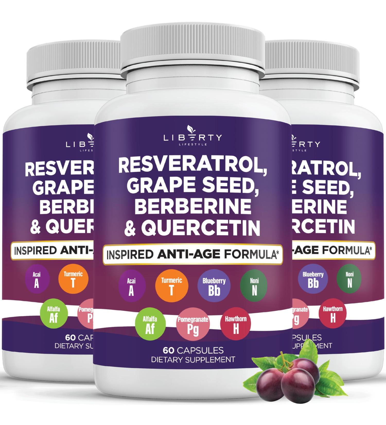 Resveratrol Berberine Grape Seed Extract Quercetin Polyphenol Supplement for Women and Men with Noni Extract N-Acetyl Cysteine Acai Extract (180 Count) 60 Count (Pack of 3)