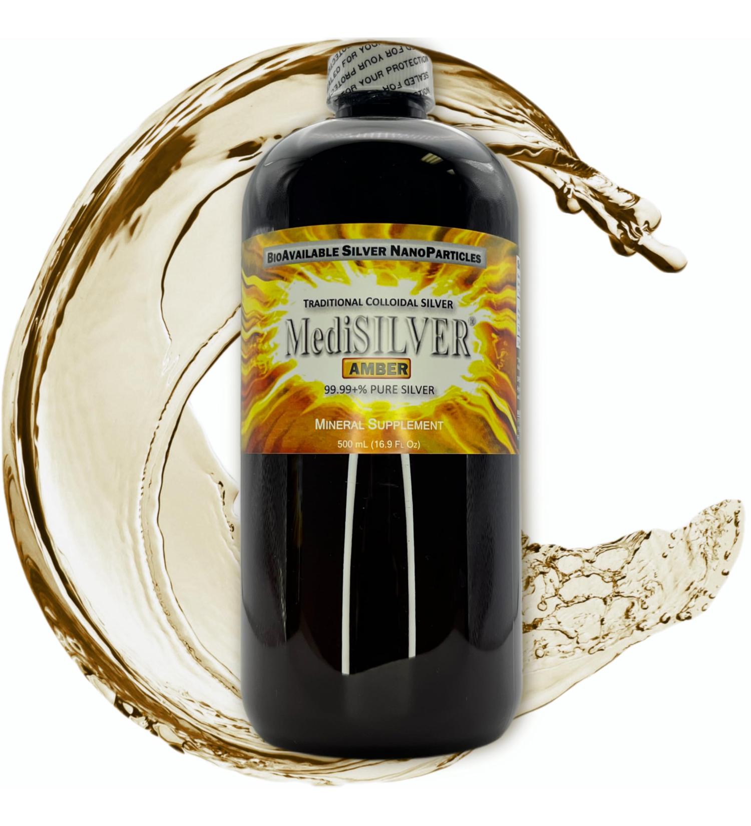 MediSILVER Amber Traditional Colloidal Silver Dietary Supplement - 500 mL (16.9 Fl Oz) in Amber BPA-Free Plastic Bottle - Buy Online on GoSupps.com