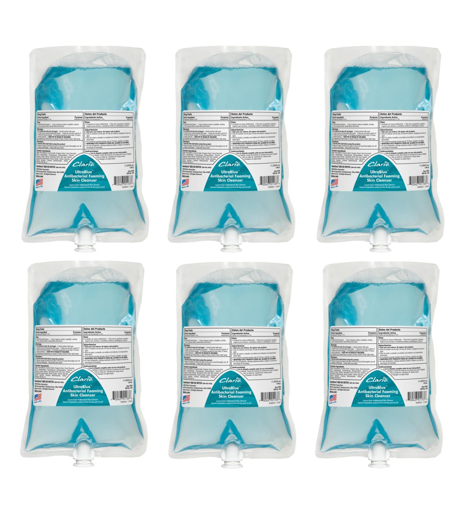 Betco Clario Ultrablue Antibacterial Foaming Skin Cleanser Clean Ocean Scent 1 000 mL Case Of 6