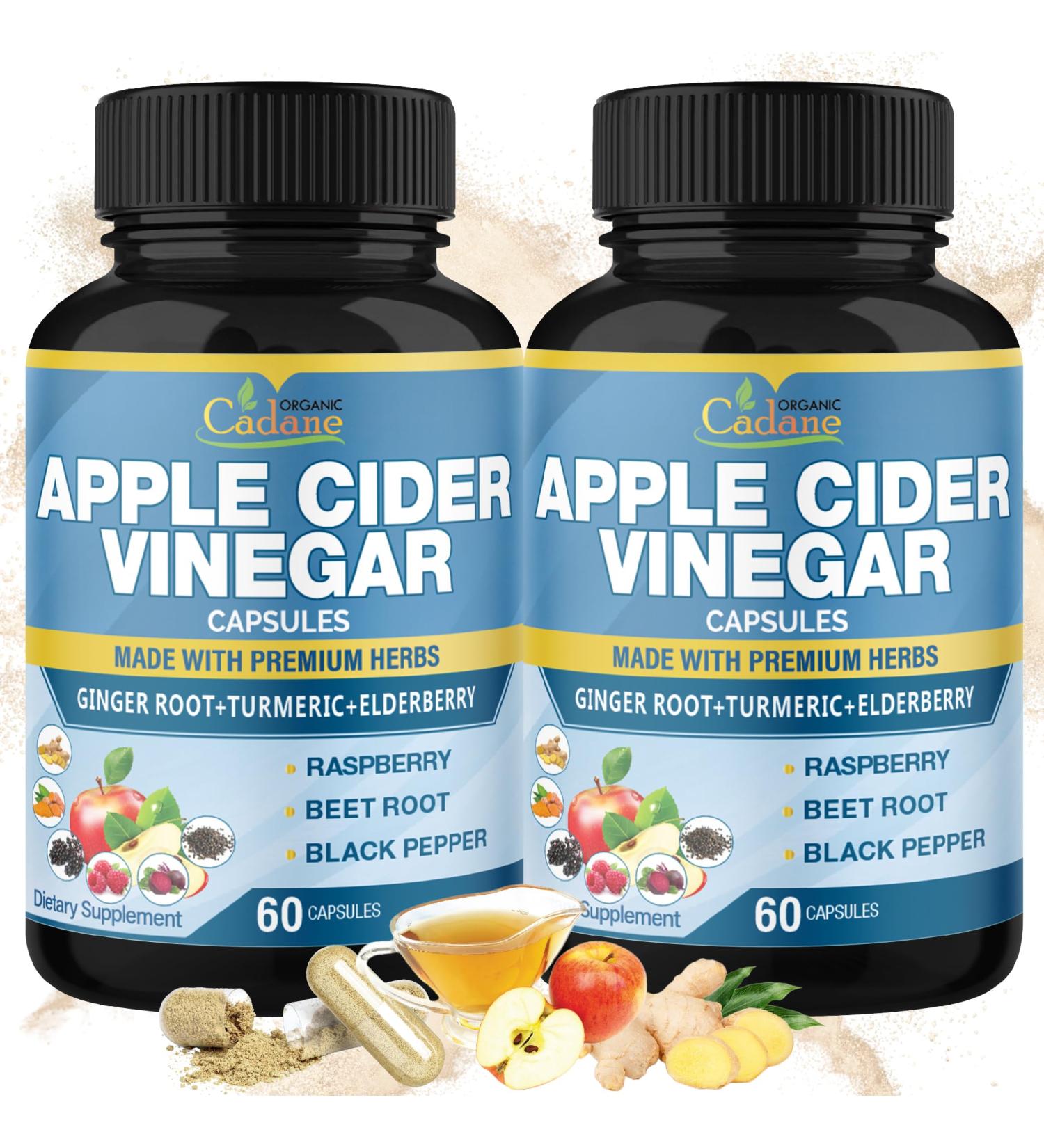 Organic Cadane 2 Packs Apple Cider Vinegar Extract Capsules 4 Months Supply & Ginger Turmeric Curcumin Elderberry Raspberry Beet Root Pepper | Immune System Digestion Supports - Buy Online on GoSupps.com