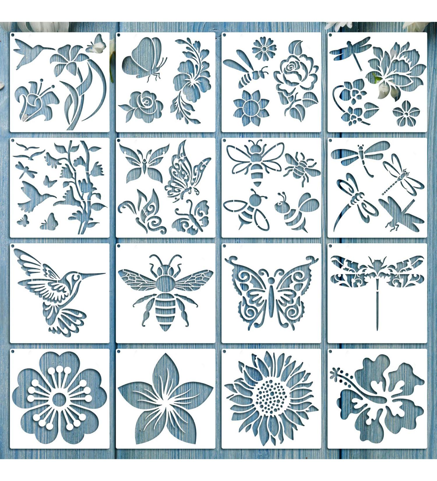 16-Piece Flower Stencil Set for DIY Craft on Wood & Wall - Bee, Sunflower, Butterfly, Spring & Summer Theme - Large Reusable Template with Metal Open Ring (6.3 x 6.3 Inch) - Buy Online on GoSupps.com