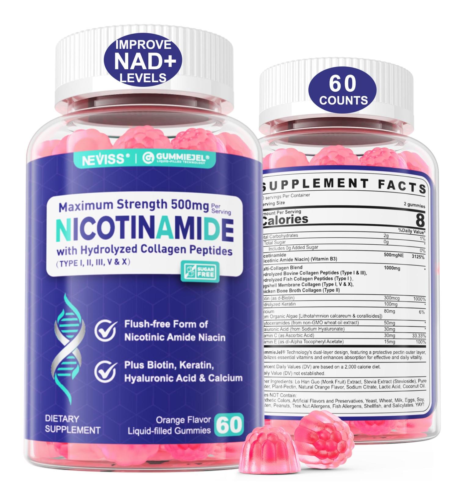 NEVISS Nicotinamide 500mg Gummies Niacinamide Supplement with Collagen Peptides (Flush Free Niacin) Vitamin B3 Niacinamide for Anti-Aging NAD+ Levels Longevity Focus & Brain Sugar Free 60Cts 60 Count (Pack of 1) - Buy Online on GoSupps.com