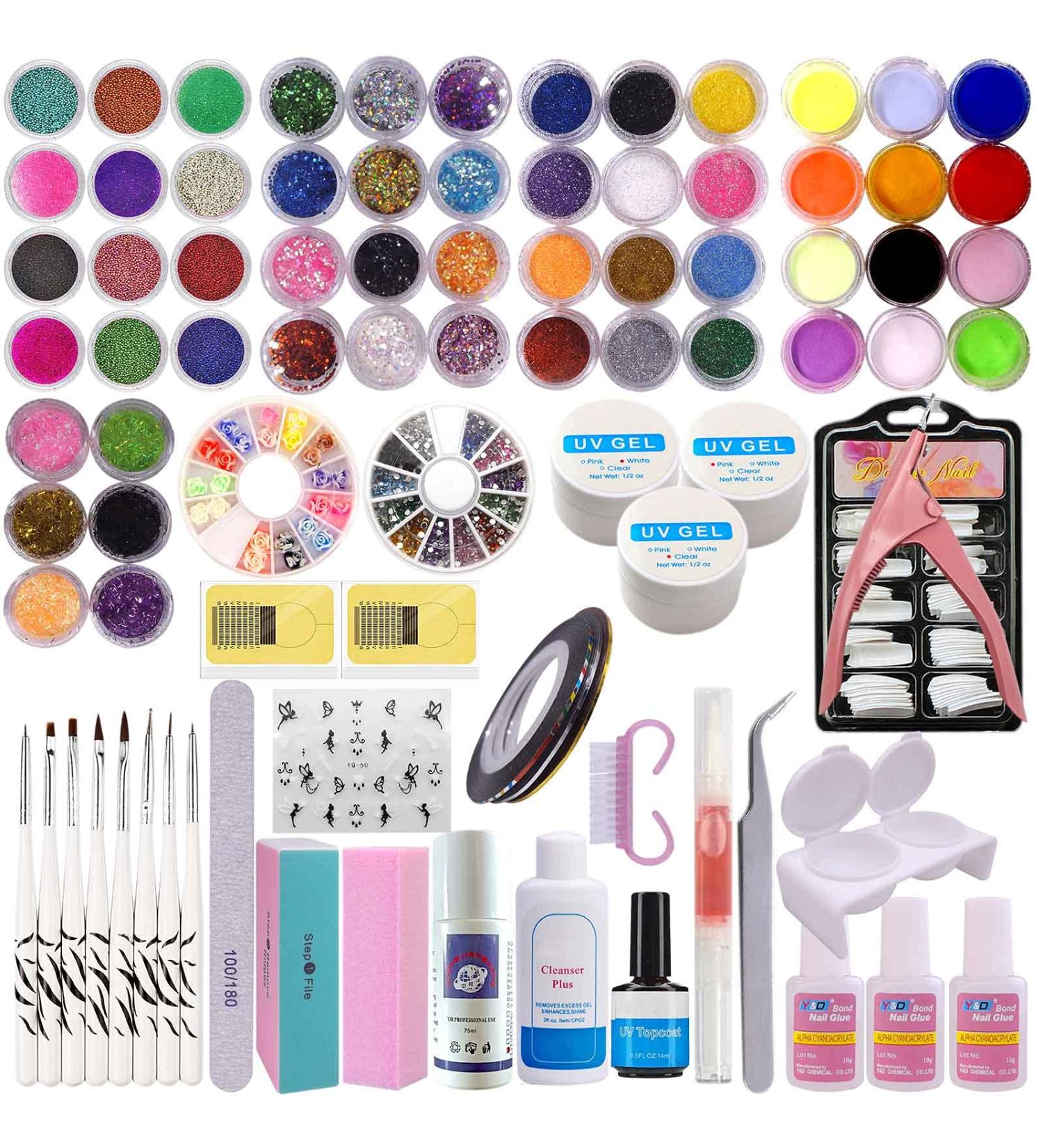 3 Colours Builder Gel Kit Nail Extension Gel 54pcs Glitter Powders Nail Strengthen UV Poly Nails Gel Nail Art Manicure Acrylic Set with Nail Forms Tips Brush 255 - Buy Online on GoSupps.com