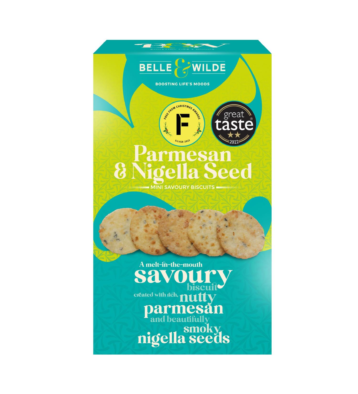 Belle & Wilde Parmesan & Nigella Seed Mini Savoury Biscuits |Handcrafted With No Preservatives Suitable For Vegetarians & 100% Gluten Free | Tasty Little Savoury Biscuit | For Any Snacking Occasion - Buy Online on GoSupps.com