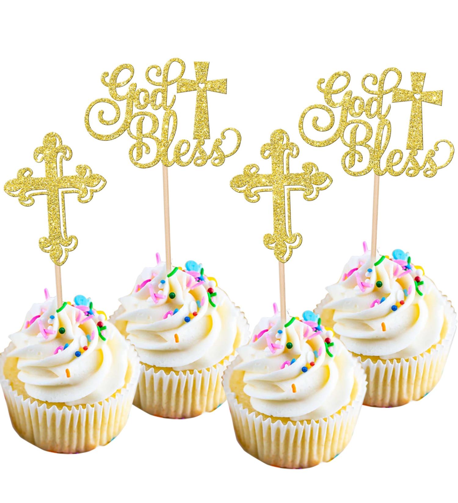 Rsstarxi 24 Pack Baptism Cupcake Toppers God Bless Cupcake Toppers Glitter Cross God Bless Cupcake Picks for Babyshower Christian First Communion Baptism Party Cake Decorations Gold - Buy Online on GoSupps.com